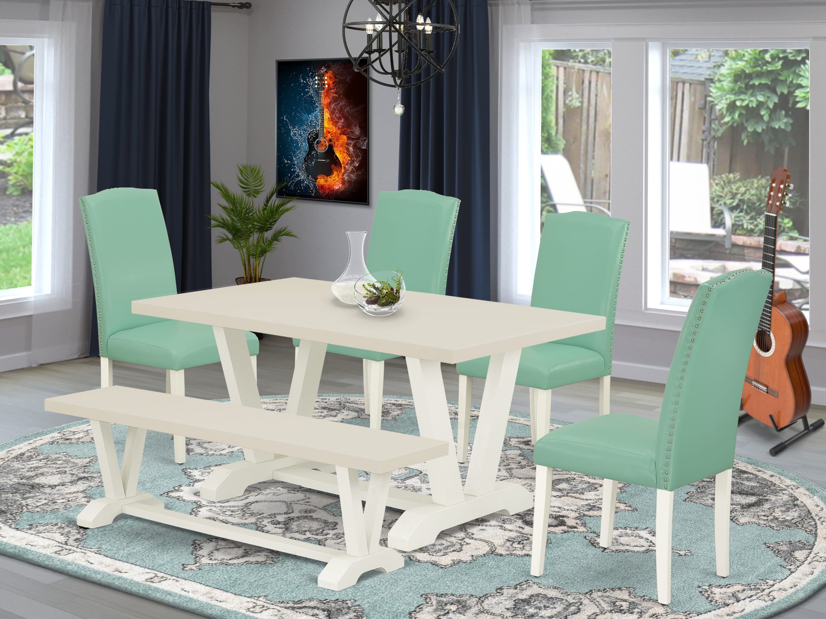 East West Furniture V026EN257-6 6 Pc Dining Room Set Contains a linen white Dining Table and a Mid Century Bench, 4 Pond PU faux Leather Dining Chairs with High Back - Wire Brushed linen white Finish