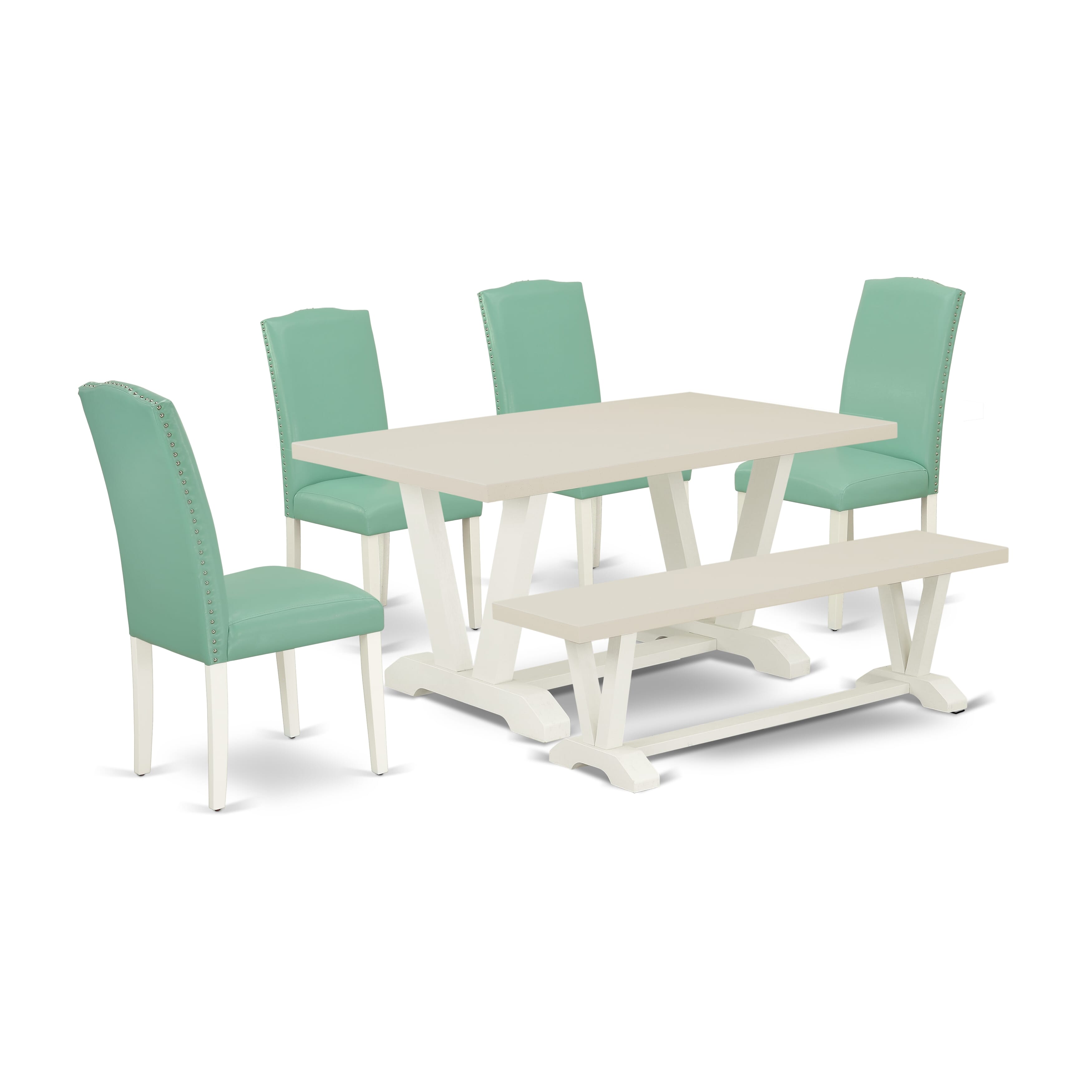 East West Furniture V026EN257-6 6 Pc Dining Room Set Contains a linen white Dining Table and a Mid Century Bench, 4 Pond PU faux Leather Dining Chairs with High Back - Wire Brushed linen white Finish