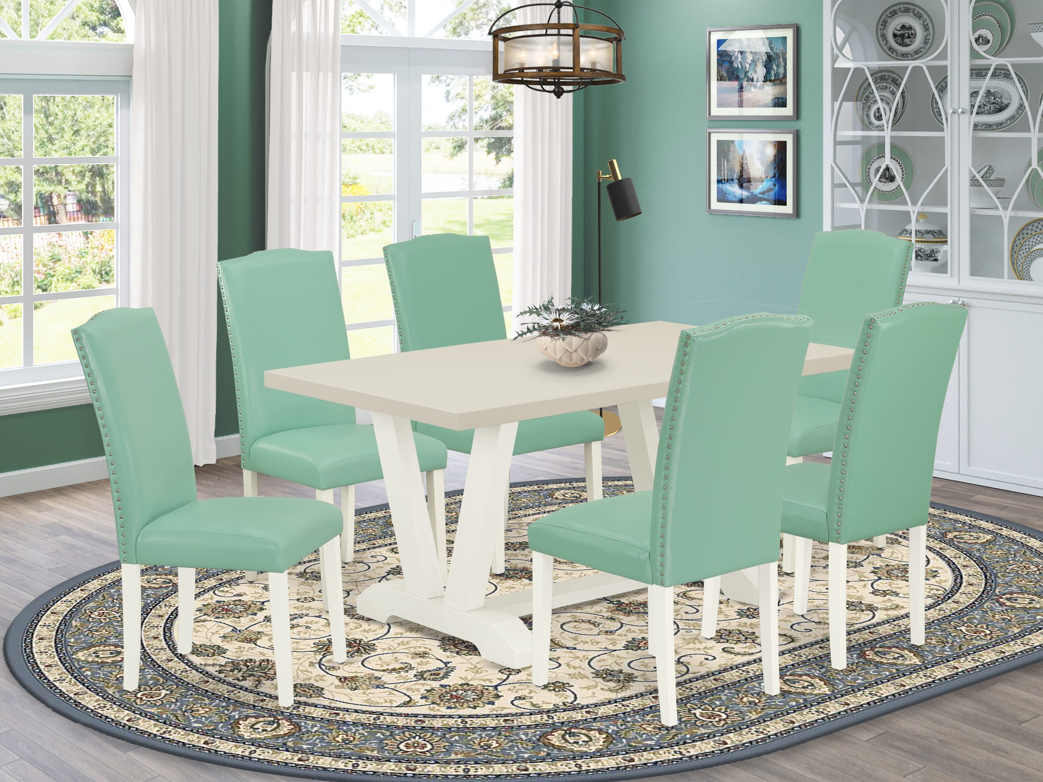 East West Furniture V026EN257-7 7 Pc Mid Century Dining Set Consists of a linen white Wood Table and 6 Pond PU faux Leather Upholstered Dining Chairs with High Back - Wire Brushed linen white Finish