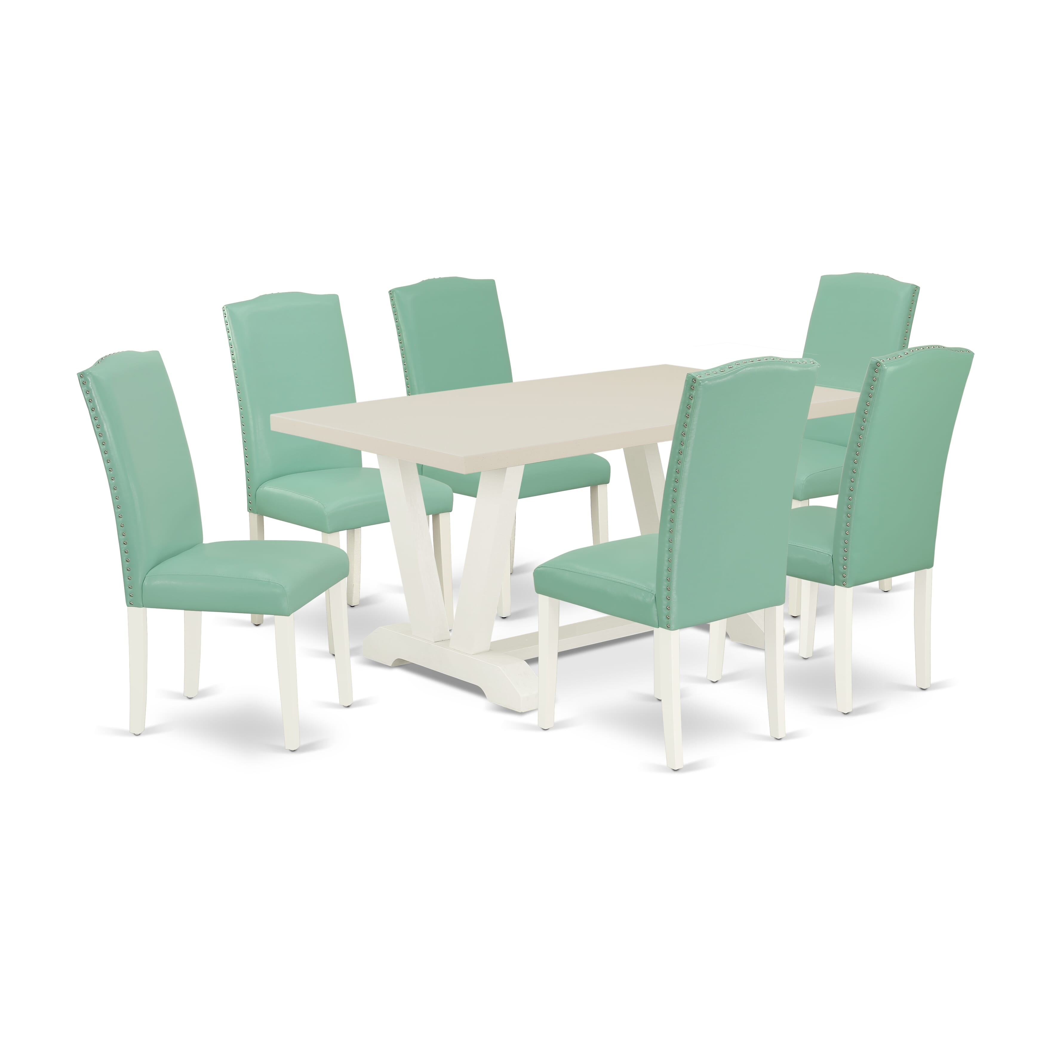 East West Furniture V026EN257-7 7 Pc Mid Century Dining Set Consists of a linen white Wood Table and 6 Pond PU faux Leather Upholstered Dining Chairs with High Back - Wire Brushed linen white Finish