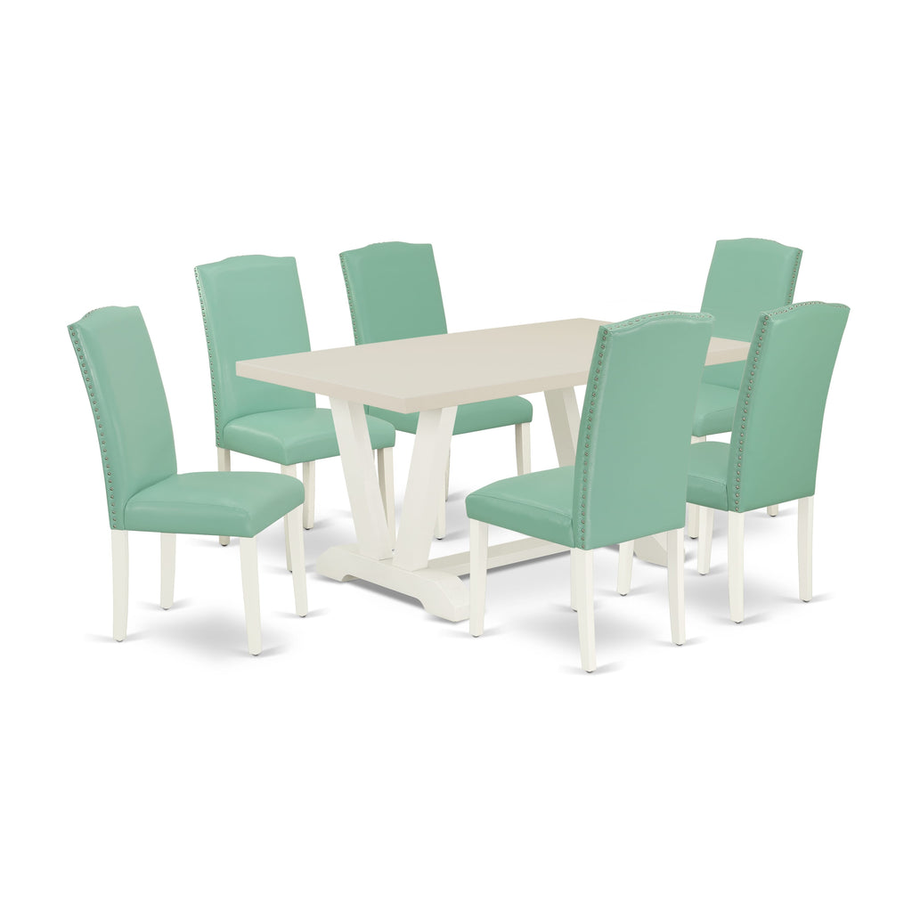 V026EN257-7 7Pc Dining Room Set - 36x60" Rectangular Table and 6 Parson Dining Chairs - Wirebrushed Linen White Color