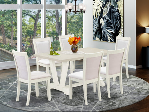 East West Furniture V026MZ001-7 7 Piece Modern Dining Table Set Consist of a Rectangle Wooden Table with V-Legs and 6 Cream Linen Fabric Upholstered Chairs, 36x60 Inch, Multi-Color
