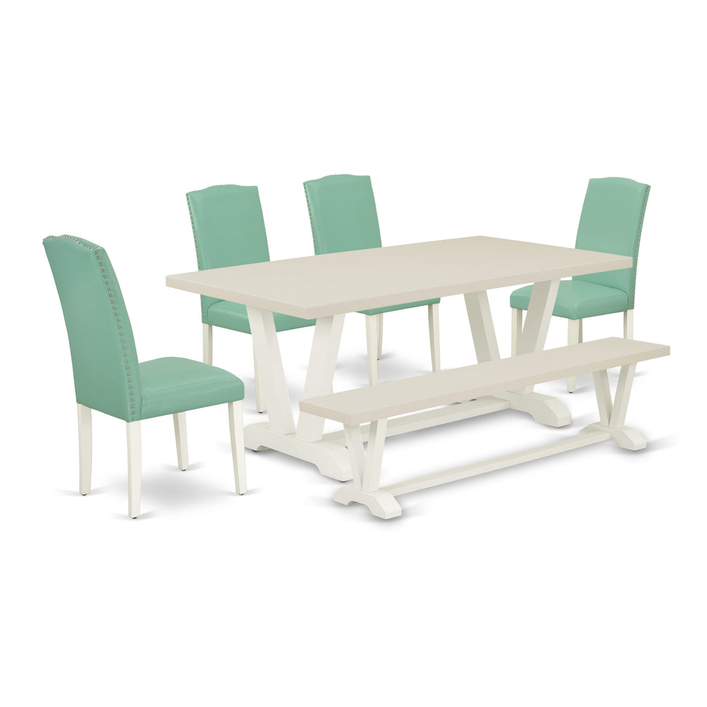 V027EN257-6 6Pc Dining Room Set - 40x72" Rectangular Table, 4 Parson Dining Chairs and a Bench - Wirebrushed Linen White Color
