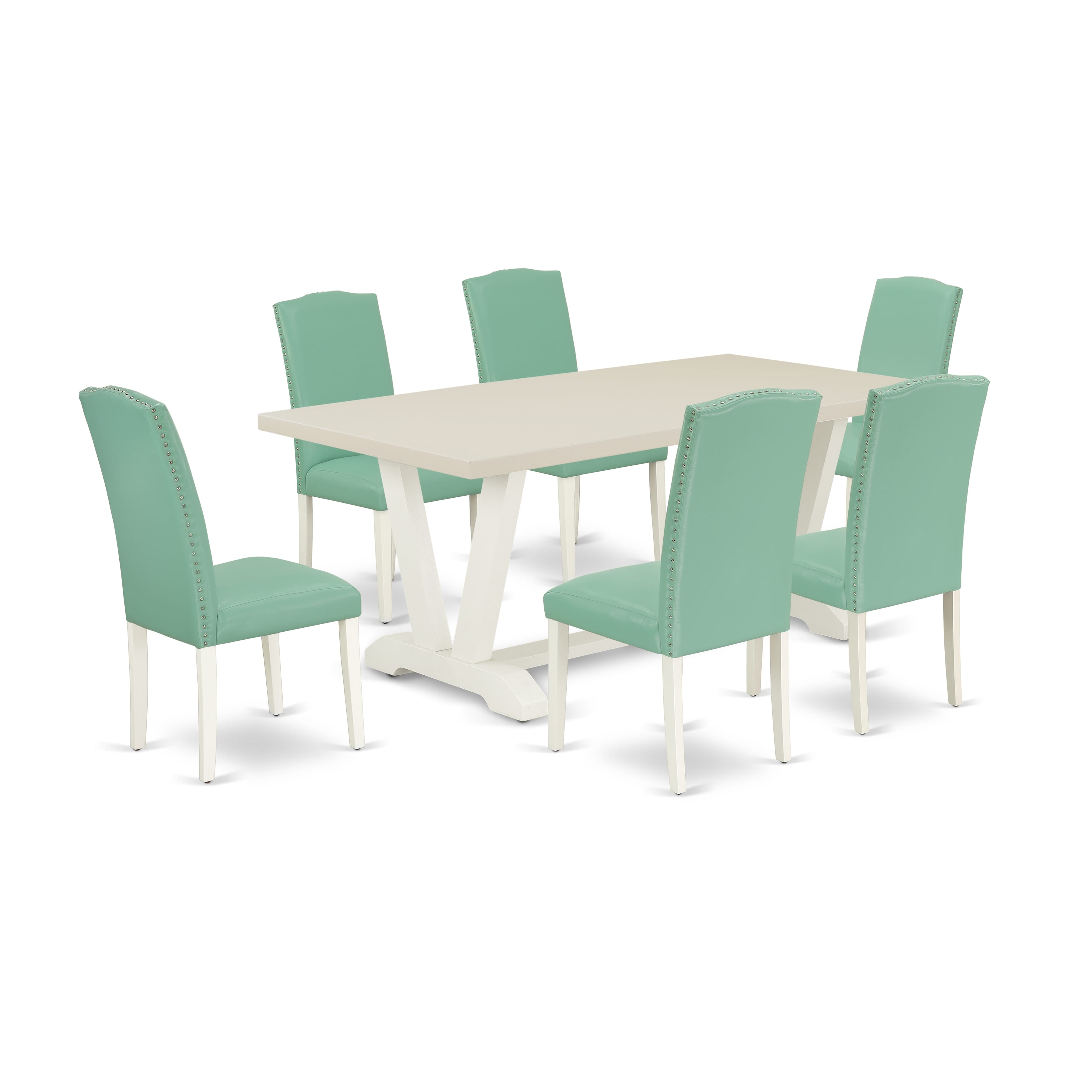 East West Furniture V027EN257-7 7 Piece Mid Century Dining Set Contains a linen white Rectangular Table and 6 Pond PU faux Leather Upholstered Chairs with High Back - Wire Brushed linen white Finish