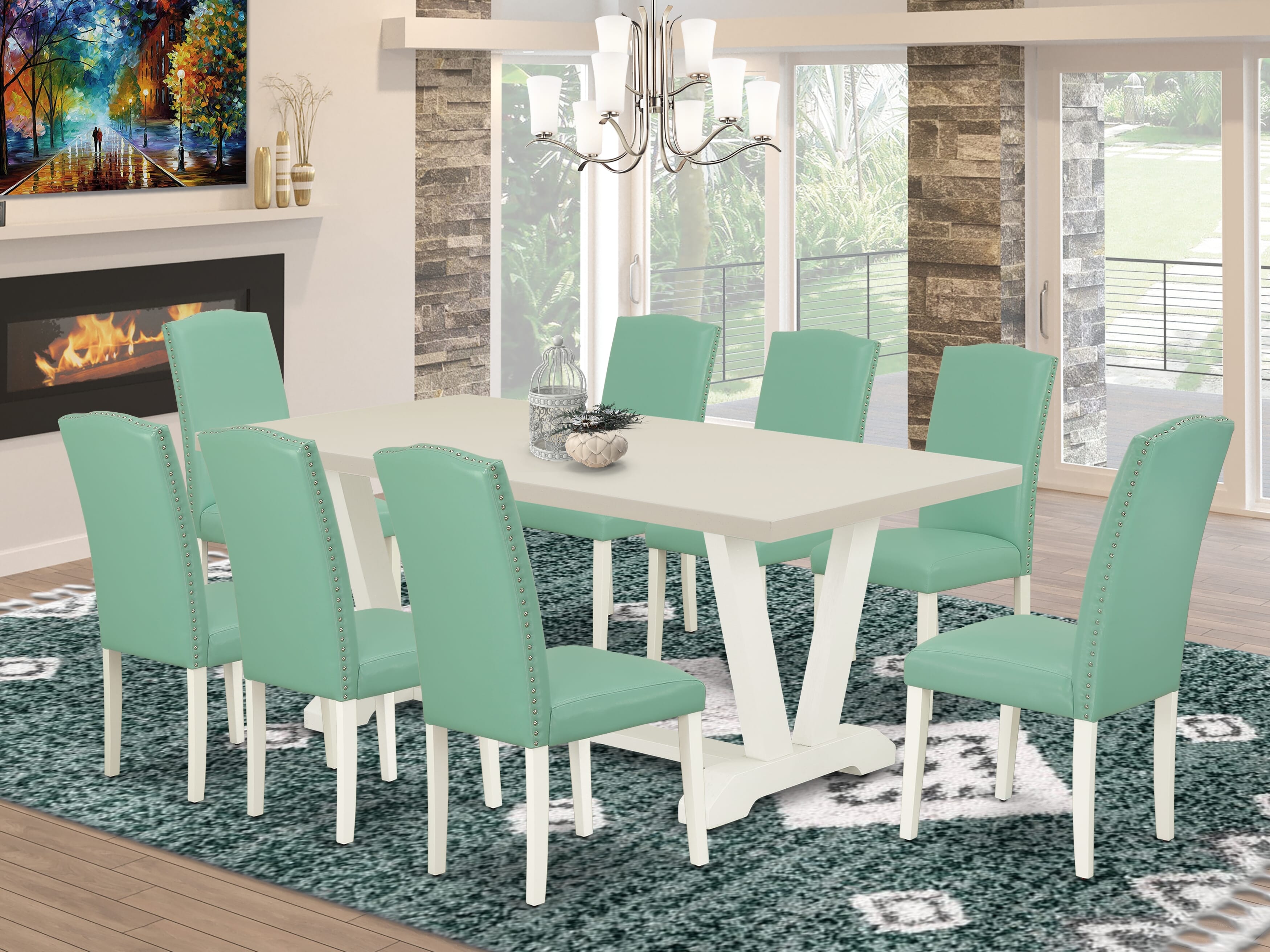 East West Furniture V027EN257-9 9 Piece Kitchen Table Set Includes a linen white Wooden Dining Table and 8 Pond PU faux Leather Dining Room Chairs with High Back - Wire Brushed linen white Finish