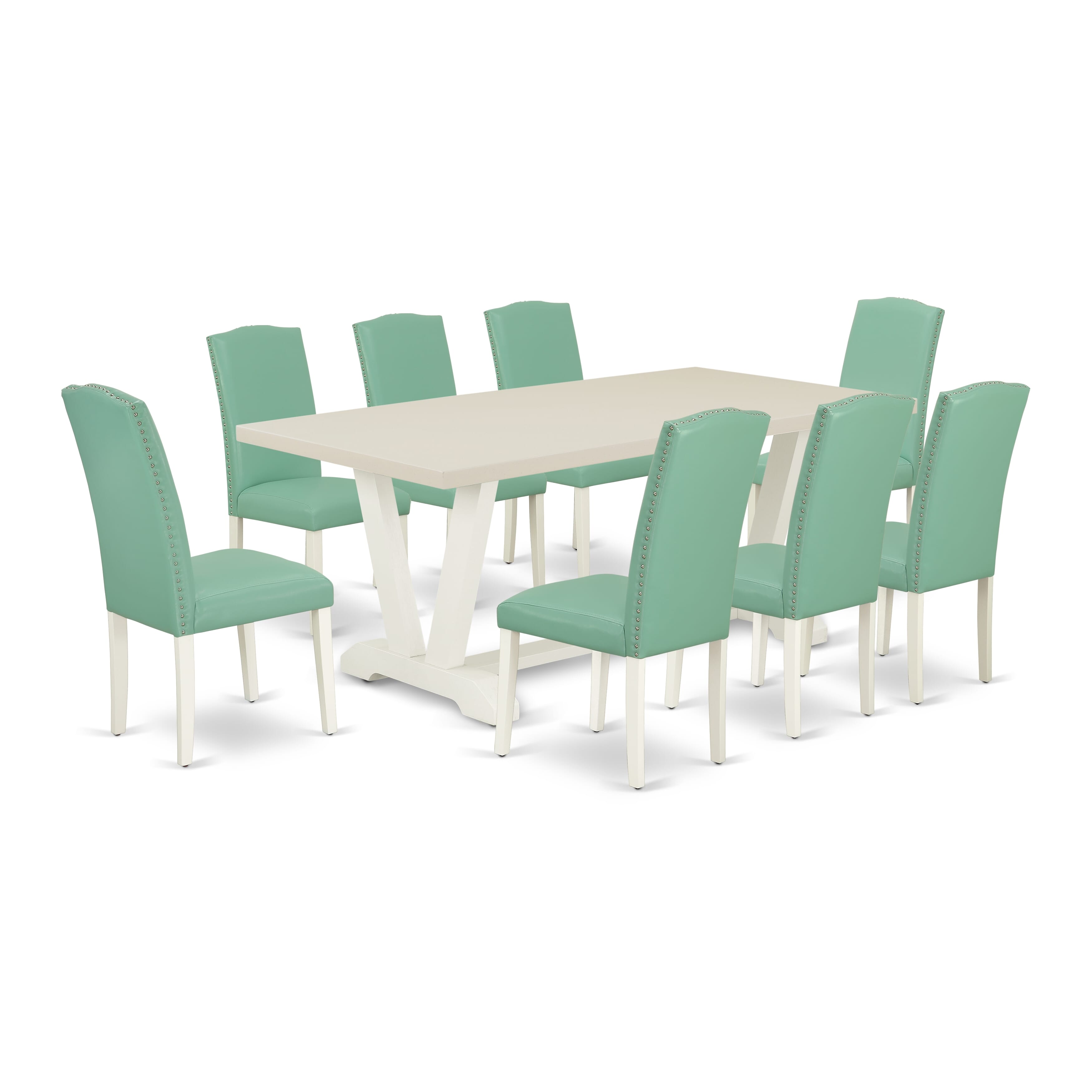 East West Furniture V027EN257-9 9 Piece Kitchen Table Set Includes a linen white Wooden Dining Table and 8 Pond PU faux Leather Dining Room Chairs with High Back - Wire Brushed linen white Finish