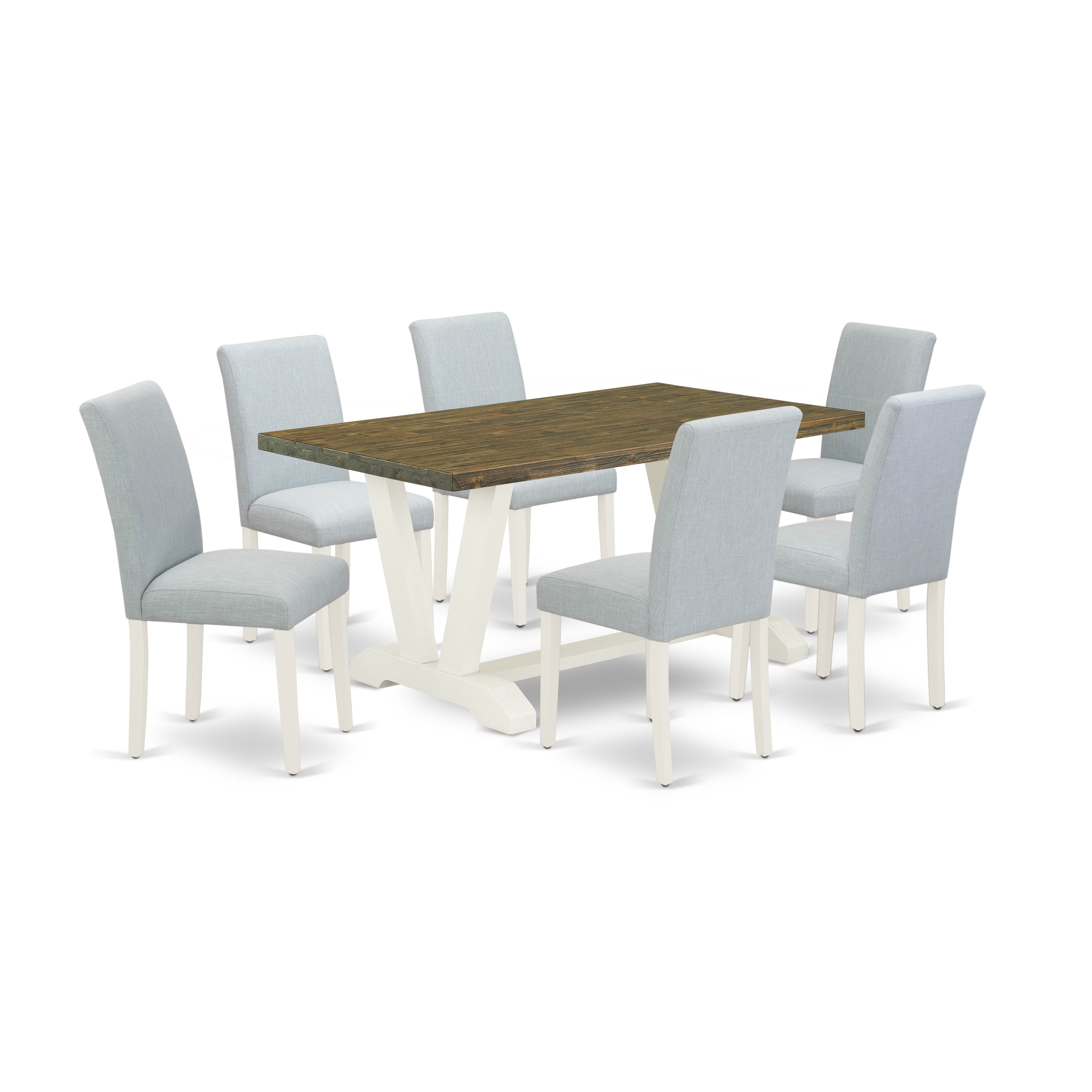 Juego de mesa de comedor de 7 piezas East West Furniture V076AB015-7 compuesto por una mesa de comedor rectangular con patas en V y 6 sillas Parsons de tela de lino azul bebé.