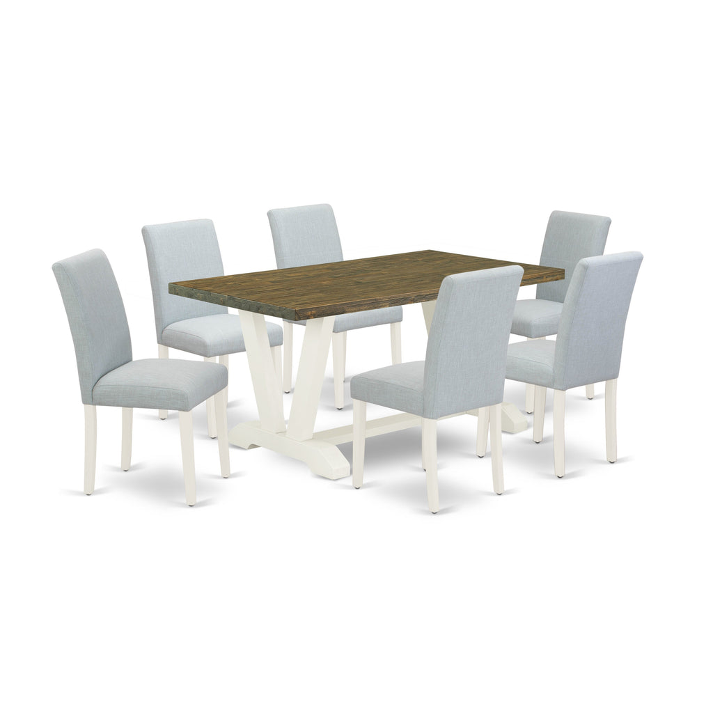 Juego de mesa de comedor de 7 piezas East West Furniture V076AB015-7 compuesto por una mesa de comedor rectangular con patas en V y 6 sillas Parsons de tela de lino azul bebé.