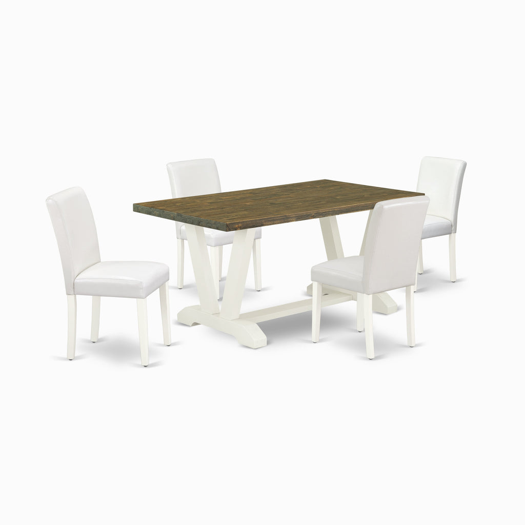 Juego de mesa y sillas de cocina de 5 piezas East West Furniture V076AB264-5. Incluye una mesa de comedor rectangular con patas en V y 4 sillas de comedor Parson de piel sintética blanca.