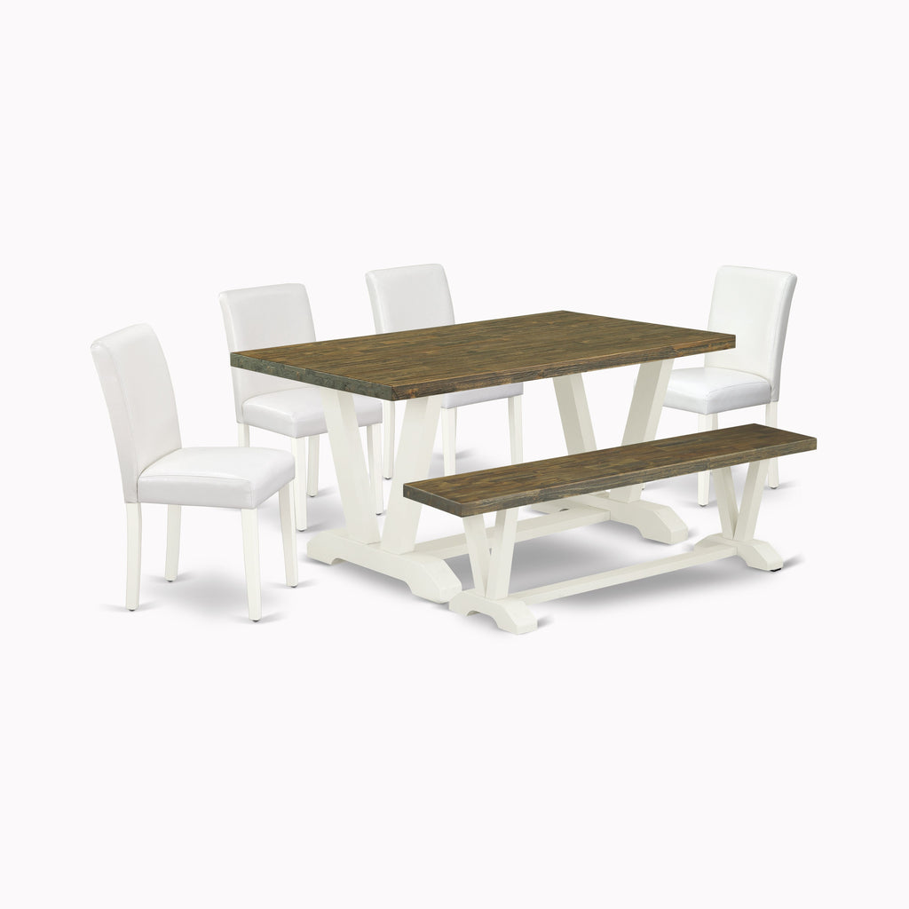 Juego de mesa de cocina de 6 piezas East West Furniture V076AB264-6. Contiene una mesa de comedor rectangular con patas en V y 4 sillas Parson de cuero sintético blanco con un banco.
