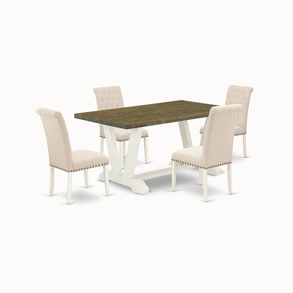 East West Furniture V076BR202-5 5 Piece Dinette Set for 4 Includes a Rectangle Dining Table with V-Legs and 4 Light Beige Linen Fabric Parson Dining Room Chairs