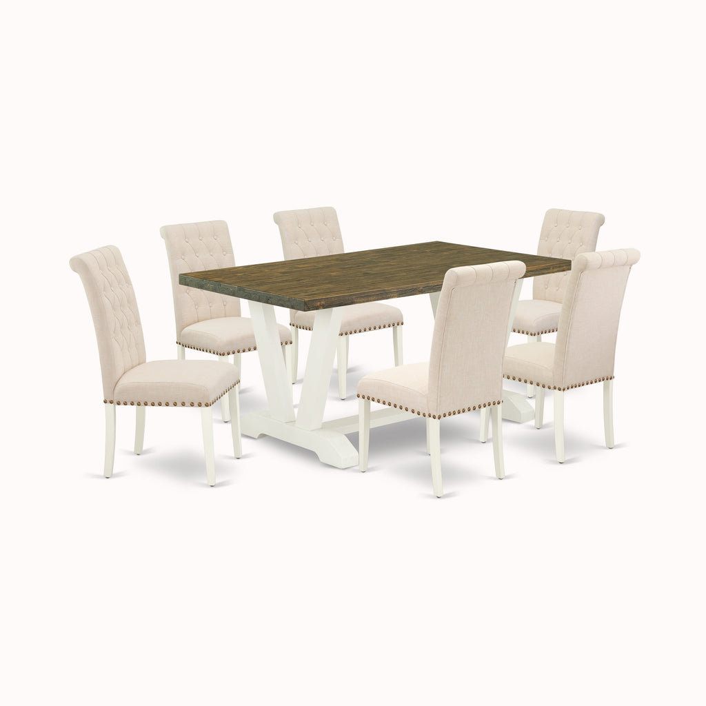 Juego de mesa de comedor de 7 piezas East West Furniture V076BR202-7 compuesto por una mesa de comedor rectangular con patas en V y 6 sillas tapizadas en tela de lino beige claro.