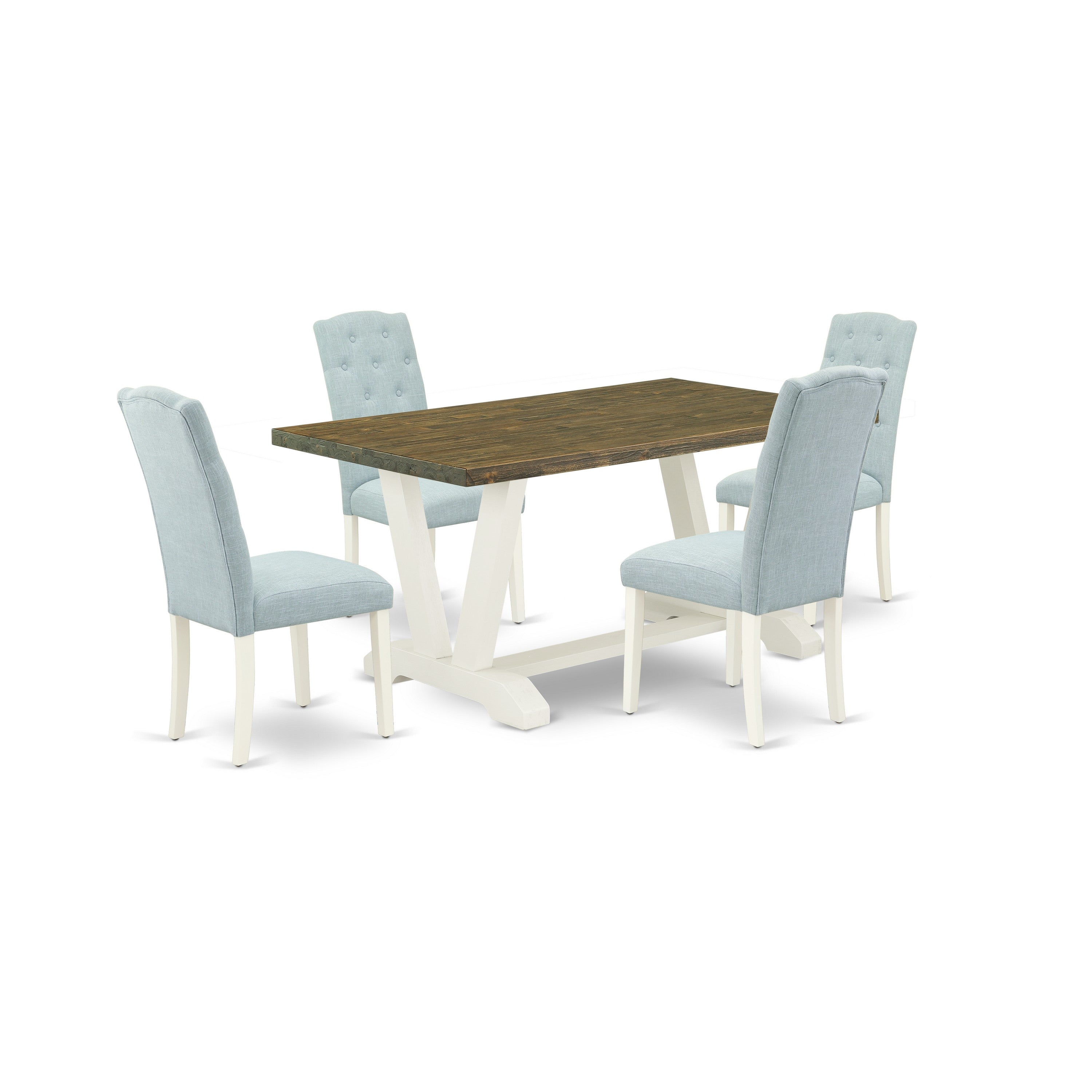 East West Furniture V076CE215-5 5-Piece Dining Set- 4 dining room chairs with Baby Blue Linen Fabric Seat and Button Tufted Chair Back � Dining Room Table (Distressed Jacobean Finish)