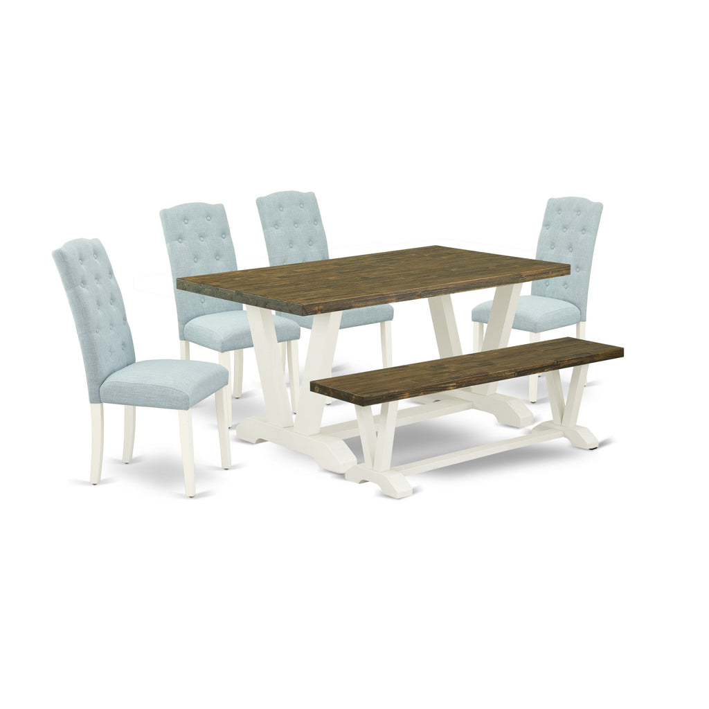 East West Furniture V076CE215-6 6 Piece Dining Table Set Contains a Rectangle Dining Room Table and 4 Baby Blue Linen Fabric Parson Chairs with a Bench