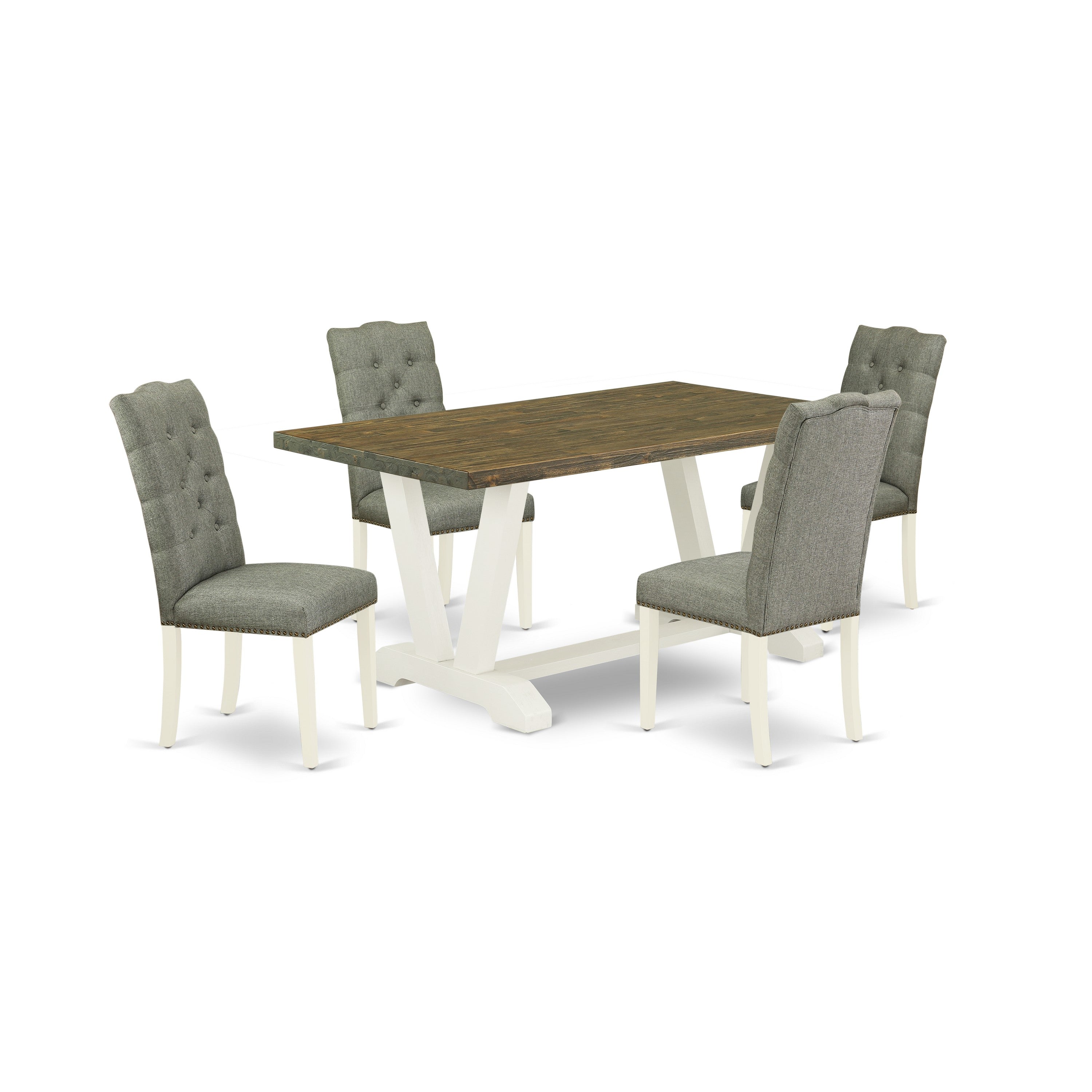 East West Furniture V076EL207-5 5-Piece Dining Room Table Set- 4 Dining Chairs with Smoke Linen Fabric Seat and Button Tufted Chair Back - Rectangular Table (Distressed Jacobean Finish)
