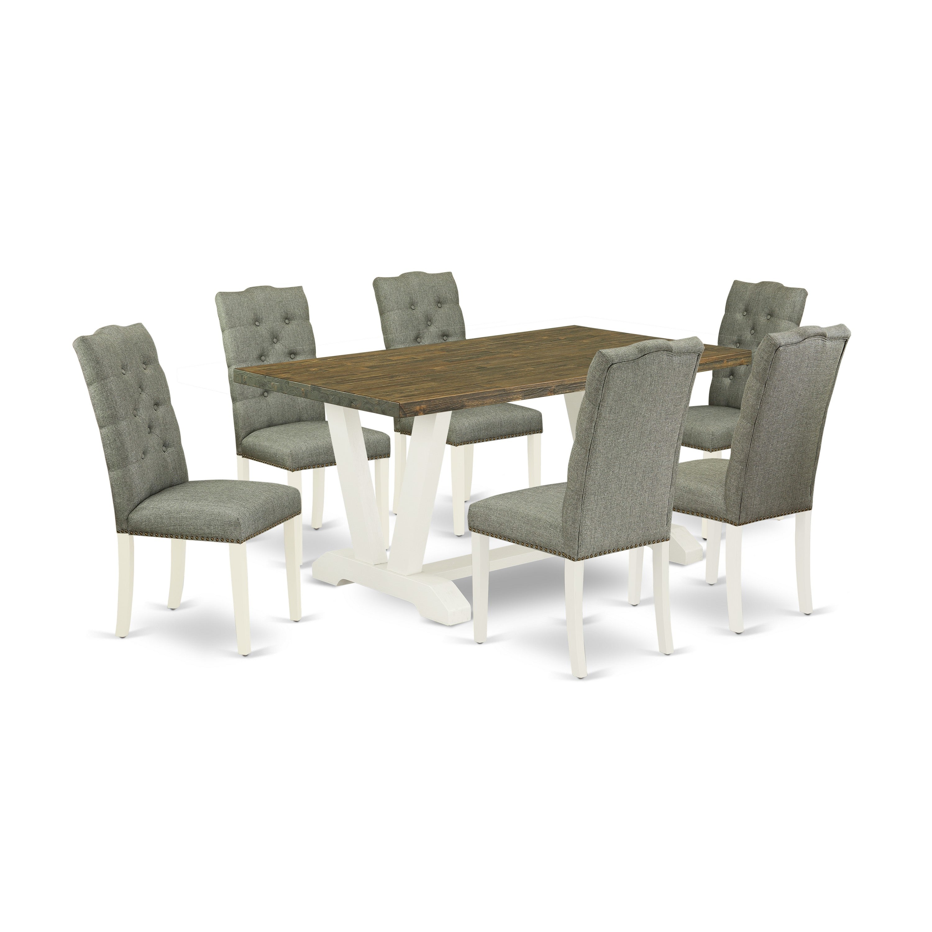East West Furniture V076EL207-7 7-Pc Dining Table Set- 6 Dining Padded Chairs with Smoke Linen Fabric Seat and Button Tufted Chair Back - Rectangular Table top & Wooden Legs - Distressed Jacobean and linen white Finish