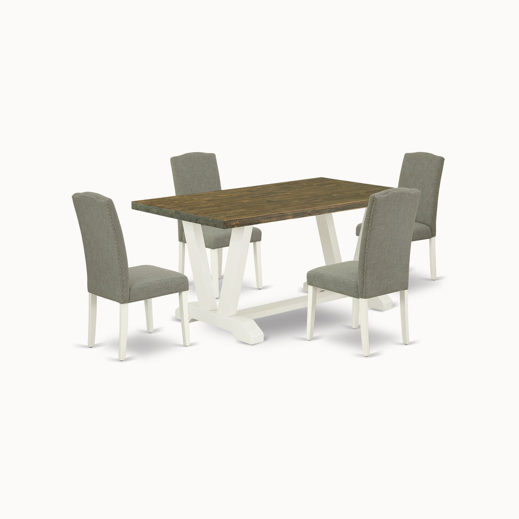 East West Furniture V076EN206-5 5 Piece Dinette Set Includes a Rectangle Dining Table with V-Legs and 4 Dark Shitake Linen Fabric Parson Dining Room Chairs