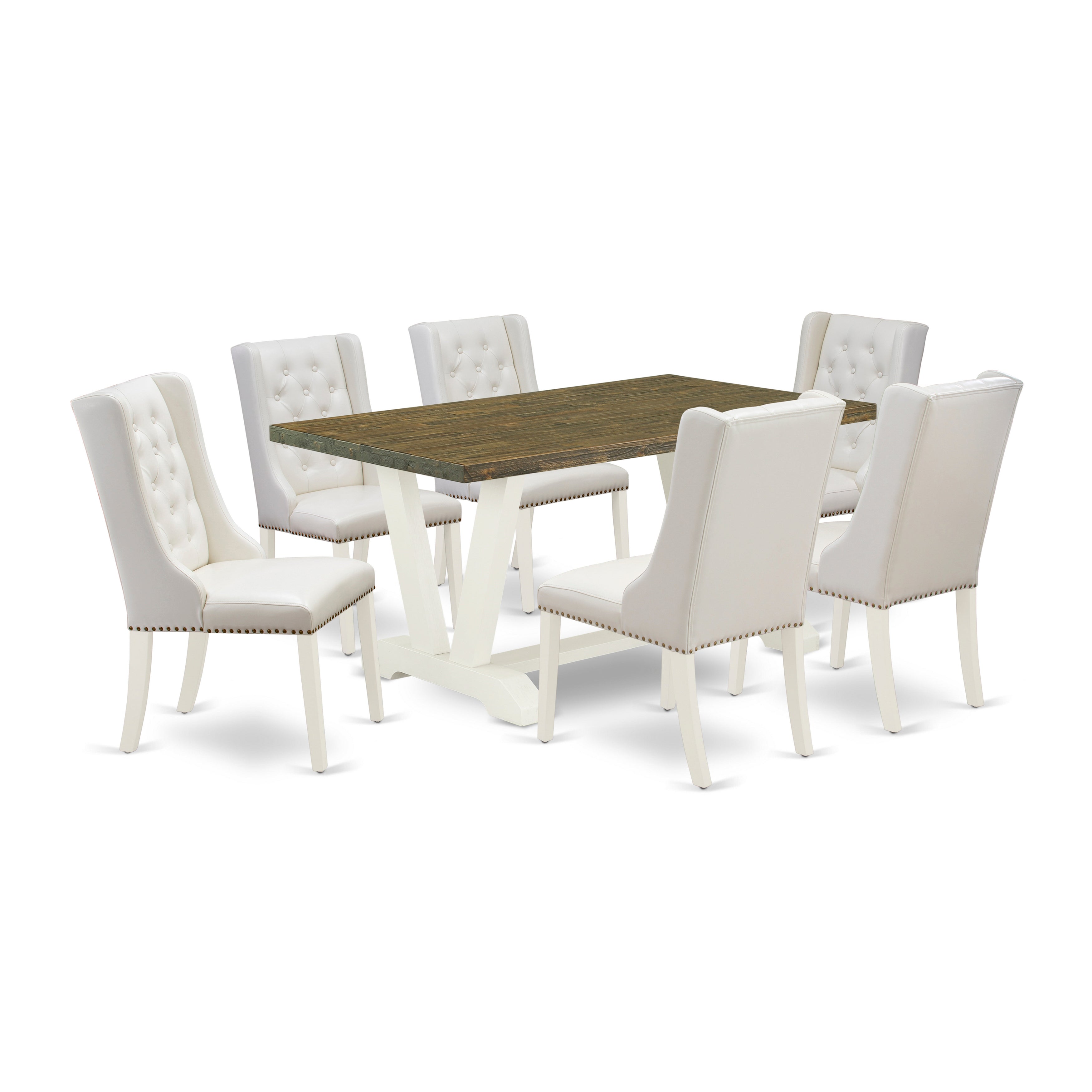 East West Furniture V076FO244-7 7-Piece Kitchen Table Set Includes 6 Linen white Pu faux Leather Dining Chairs Button Tufted with Nailheads and Rectangular Dining Table - linen white Finish