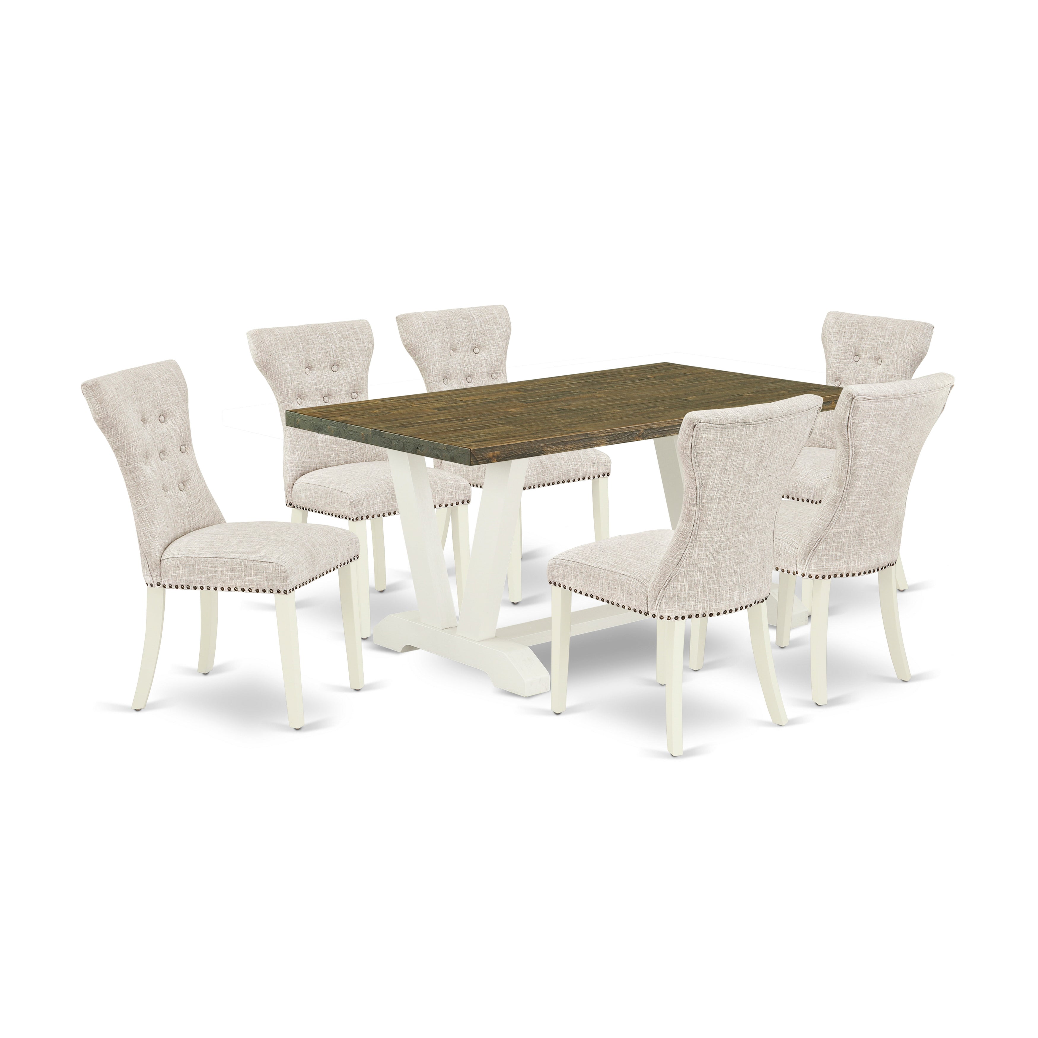 East West Furniture V076GA235-7 7-Pc dining table set a beautiful Distressed Jacobean small table top and 6 gorgeous Parson dining chairs with Nail heads and Button Tufted, linen white Finish