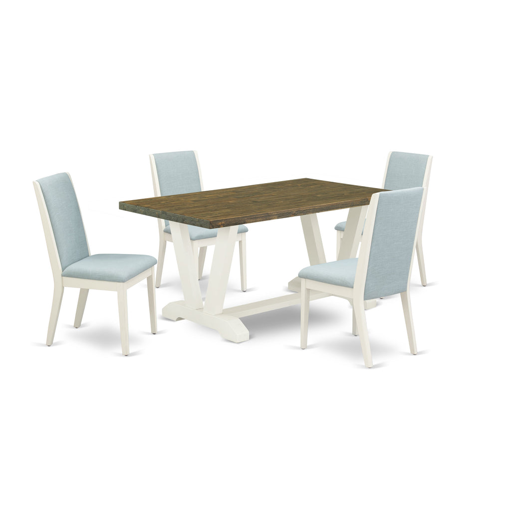 Juego de mesa de comedor de 5 piezas East West Furniture V076LA015-5 Incluye una mesa de comedor rectangular con patas en V y 4 sillas tapizadas en tela de lino azul bebé