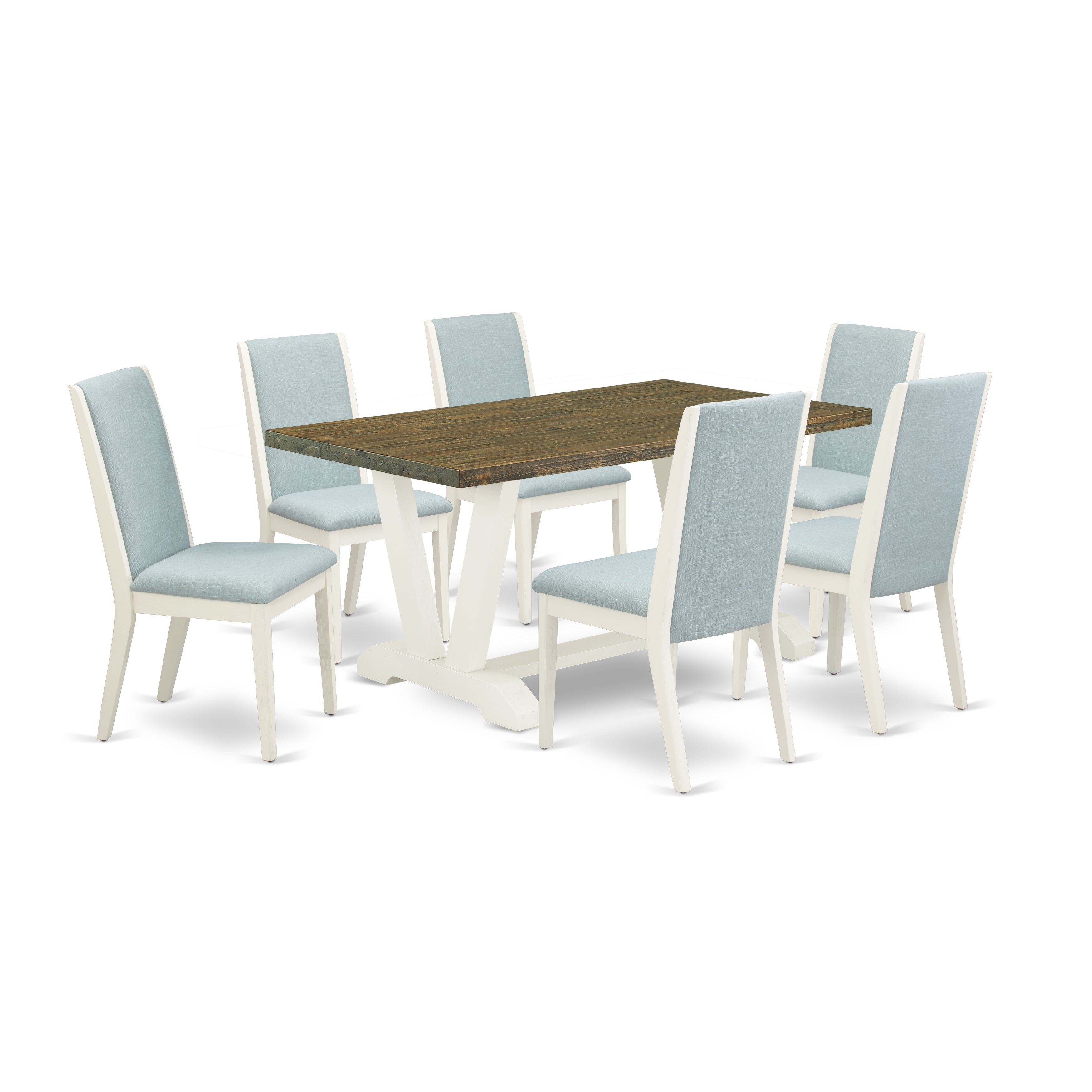East West Furniture V076LA015-7 7Pc Dinette Set Offers a Wood Dining Table and 6 Parsons Dining Chairs with Baby Blue Color Linen Fabric, Medium Size Table with Full Back Chairs, Wirebrushed Linen White and Distressed Jacobean Finish