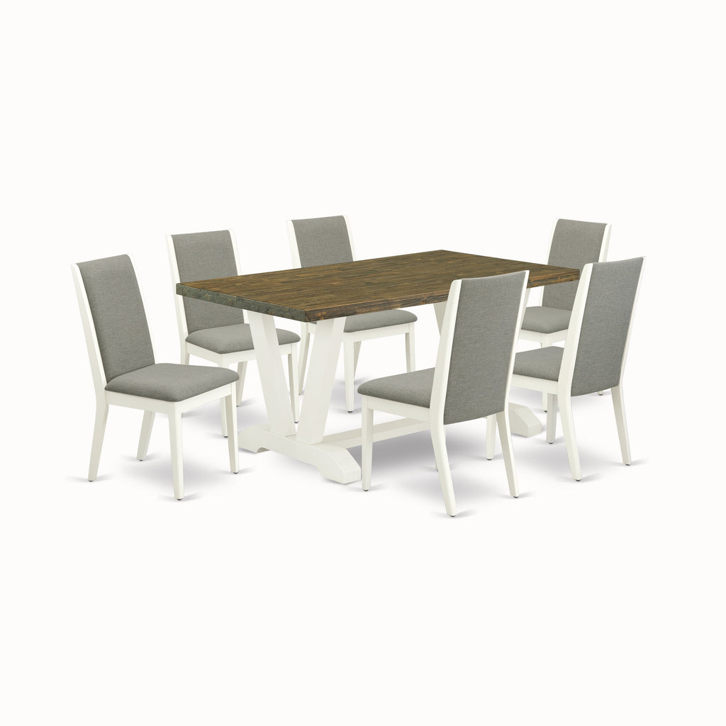 Juego de mesa de cocina de 7 piezas East West Furniture V076LA206-7 compuesto por una mesa de comedor rectangular con patas en V y 6 sillas de comedor Parson de tela de lino shitake.
