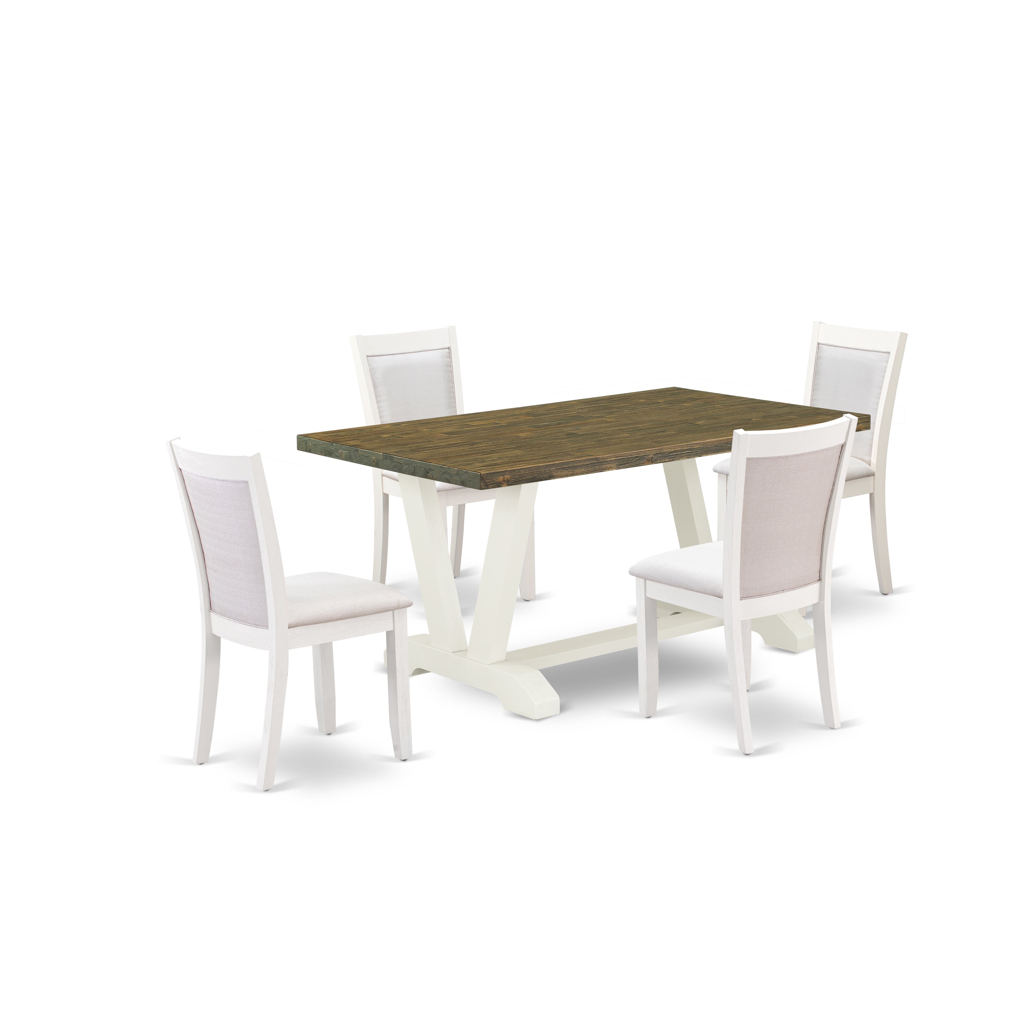 East West Furniture V076MZ001-5 5-Piece Kitchen Dining Table Set Consists of a Kitchen Table and 4 Cream Linen Fabric Upholstered Chairs with Stylish Back - Wire Brushed linen white Finish