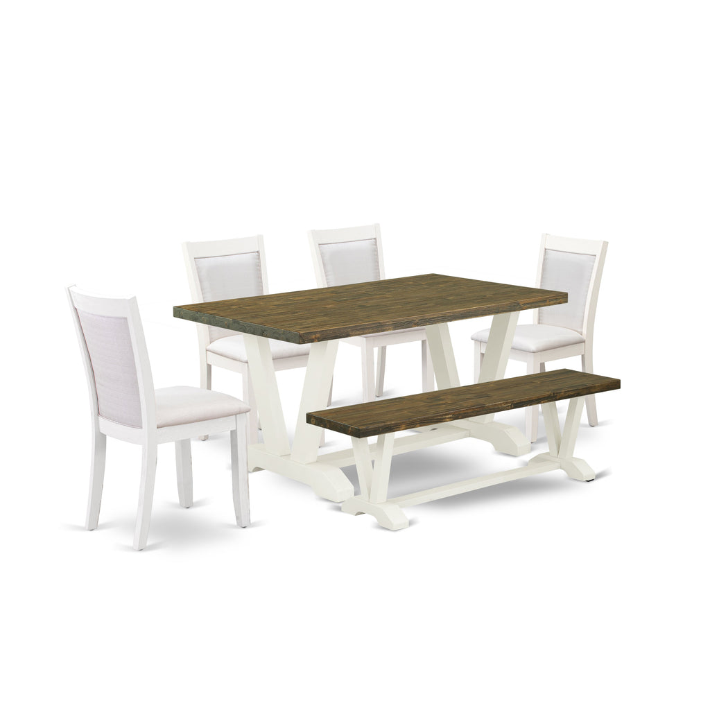 East West Furniture V076MZ001-6 6 Piece Dinette Set Contains a Rectangle Dining Room Table with V-Legs and 4 Cream Linen Fabric Parson Chairs with a Bench, 36x60 Inch, Multi-Color