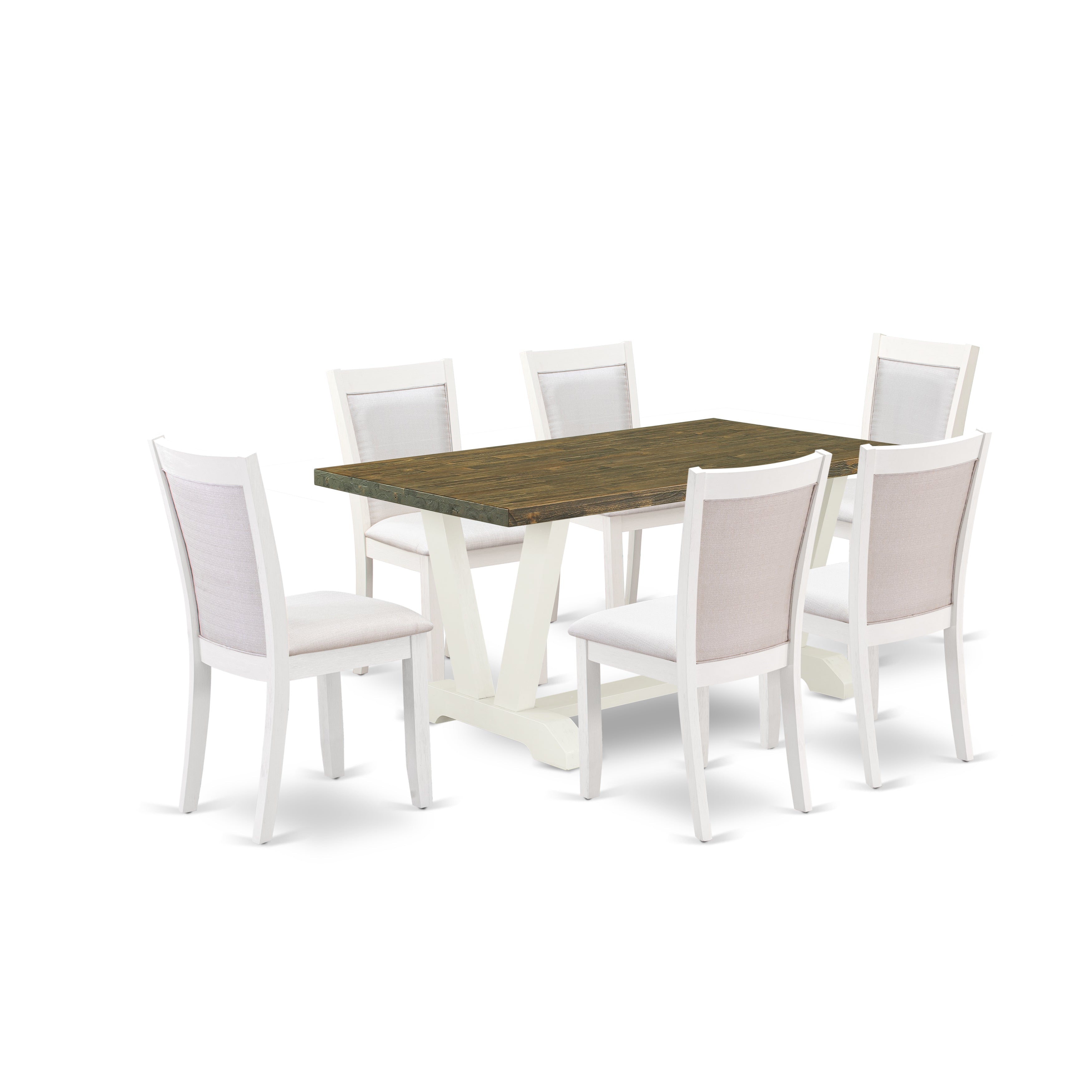 East West Furniture V076MZ001-7 7-Piece Dining Room Table Set Consists of a Wooden Table and 6 Cream Linen Fabric Dinner Chairs with Stylish Back - Wire Brushed linen white Finish