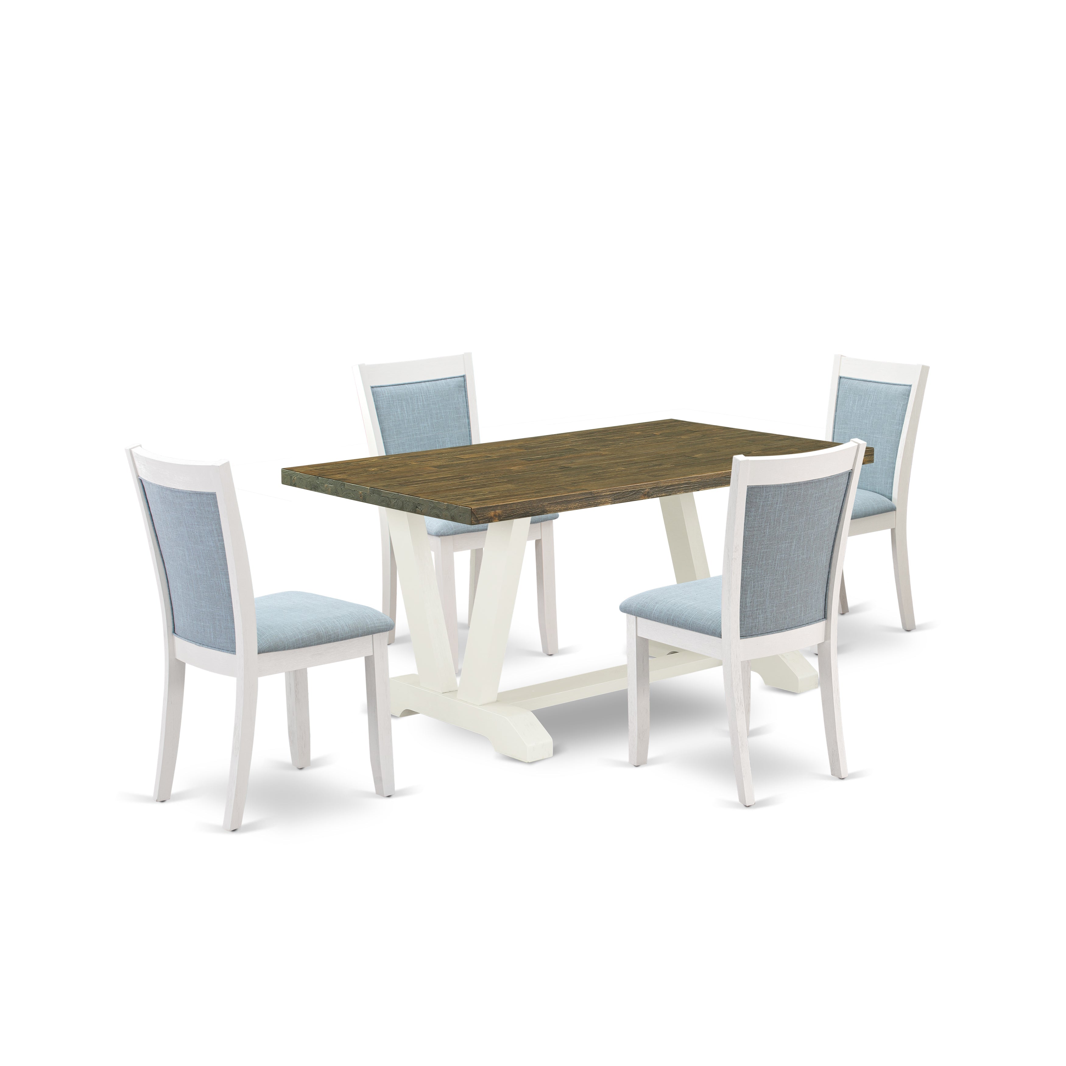 East West Furniture V076MZ015-5 5-Piece Modern Dining Set Consists of a Rectangular Table and 4 Baby Blue Linen Fabric Parson Chairs with Stylish Back - Wire Brushed linen white Finish