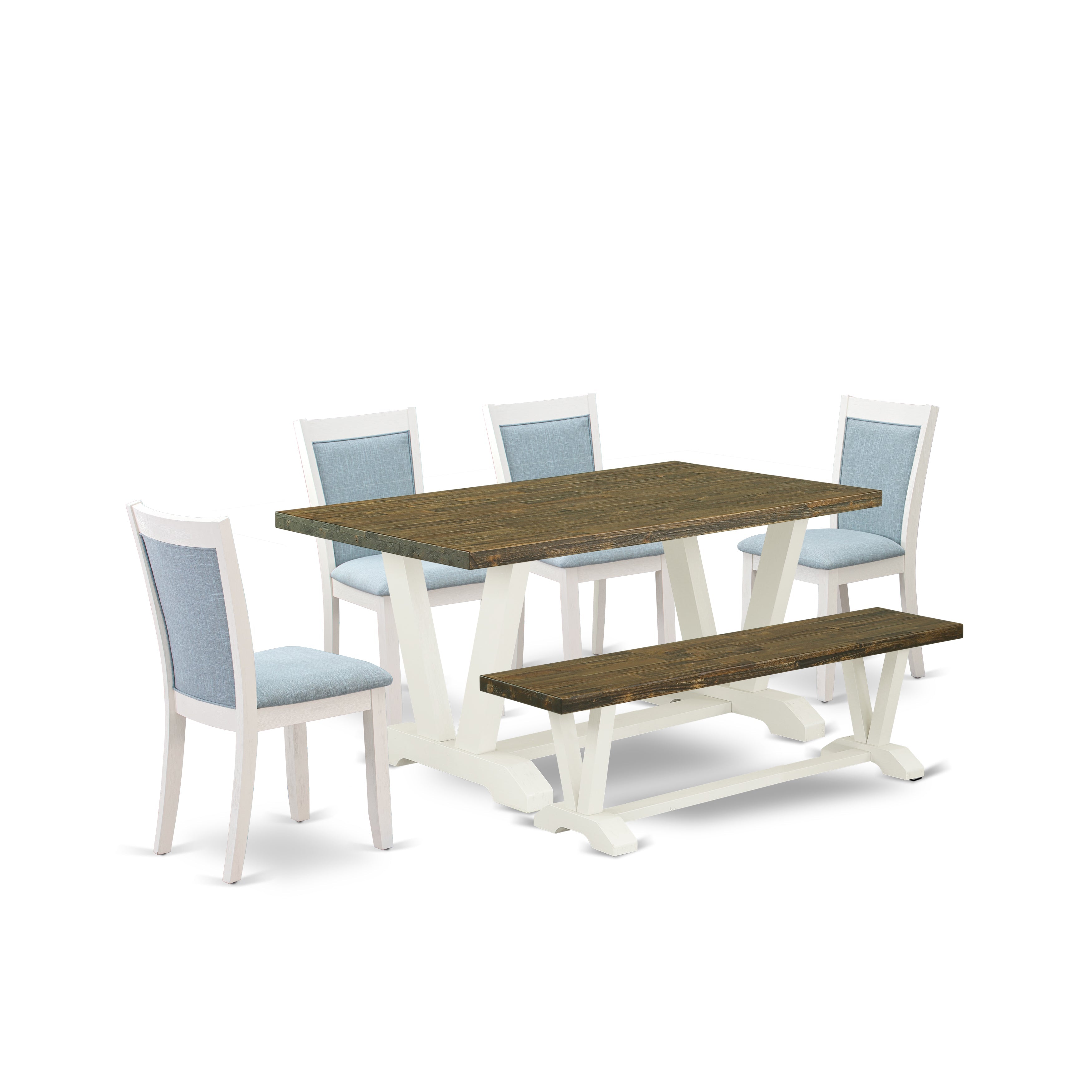 East West Furniture V076MZ015-6 6-Piece Modern Dining Set Consists of a Wooden Table - 4 Baby Blue Linen Fabric Parson Chairs with Stylish Back and a Kitchen Bench - Wire Brushed linen white Finish