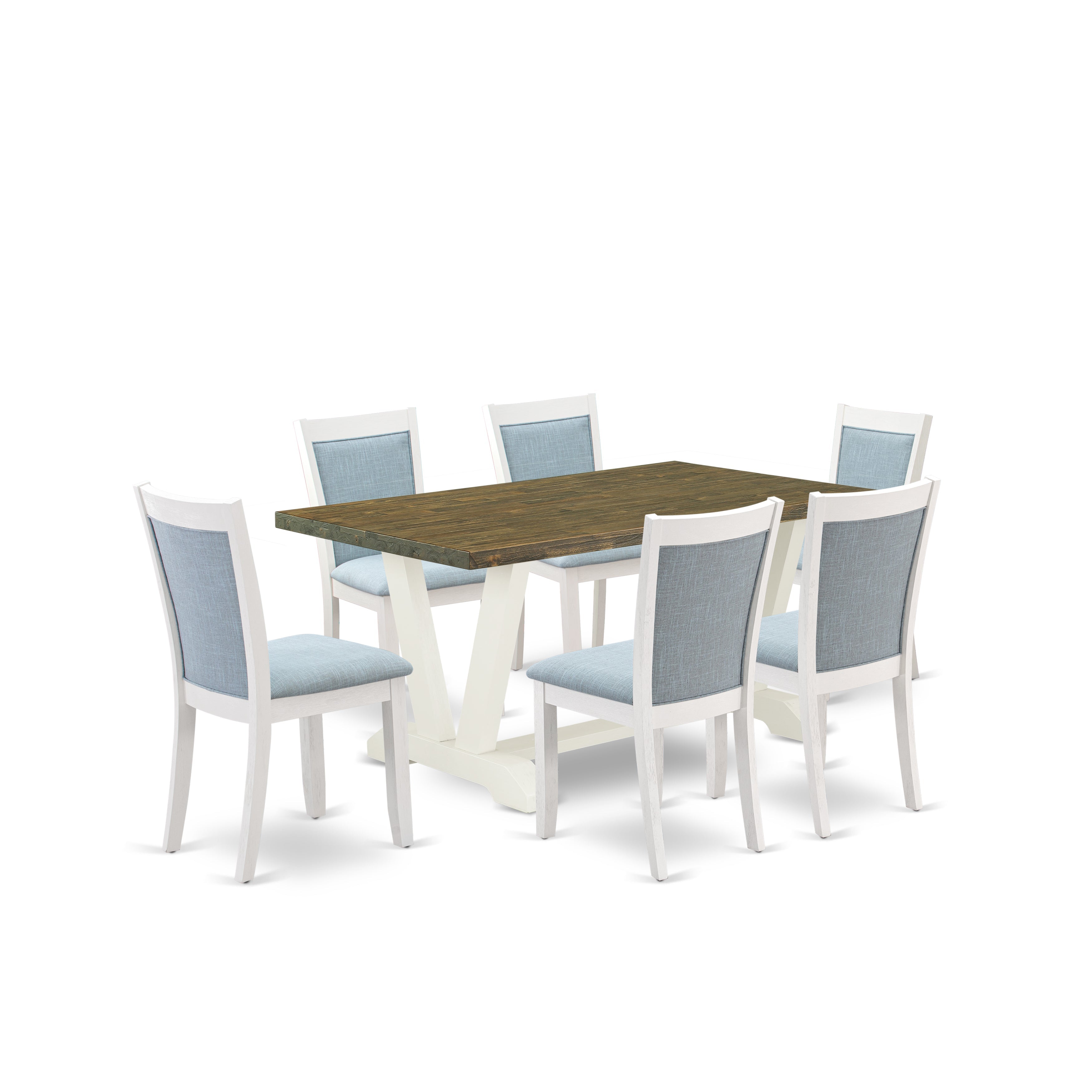 East West Furniture V076MZ015-7 7-Piece Dinner Table Set Consists of a Wooden Table and 6 Baby Blue Linen Fabric Dining Chairs with Stylish Back - Wire Brushed linen white Finish