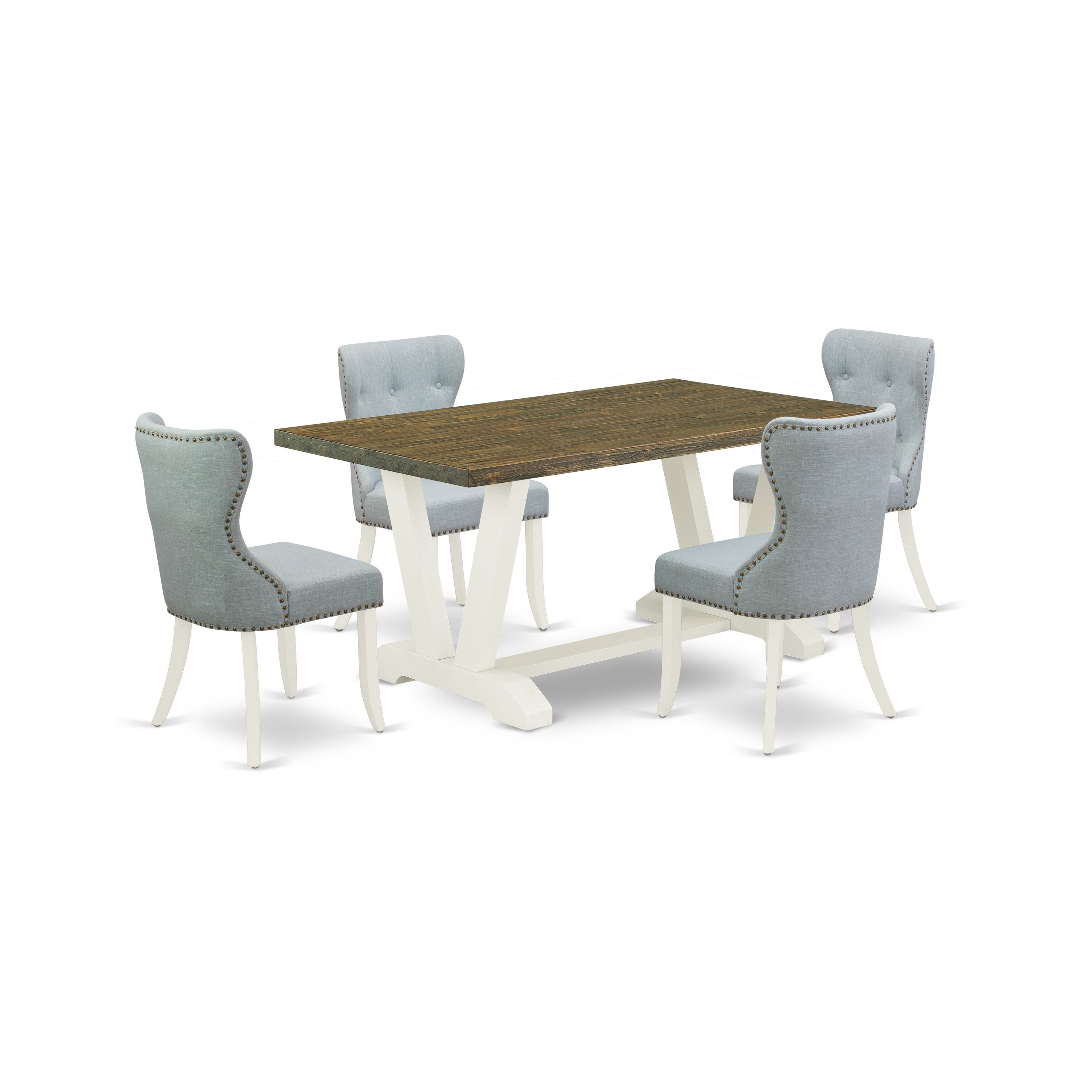 East West Furniture V076SI215-5 5-Piece Dining Table Set- 4 Dining Chairs with Baby Blue Linen Fabric Seat and Button Tufted Chair Back - Dining Room Table (Distressed Jacobean Finish)