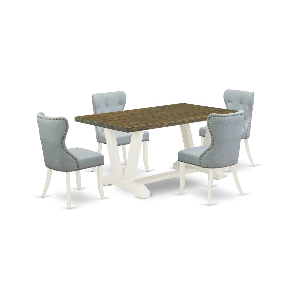 Juego de comedor de 5 piezas East West Furniture V076SI215-5. Incluye una mesa de comedor rectangular con patas en V y 4 sillas tapizadas en tela de lino azul bebé.