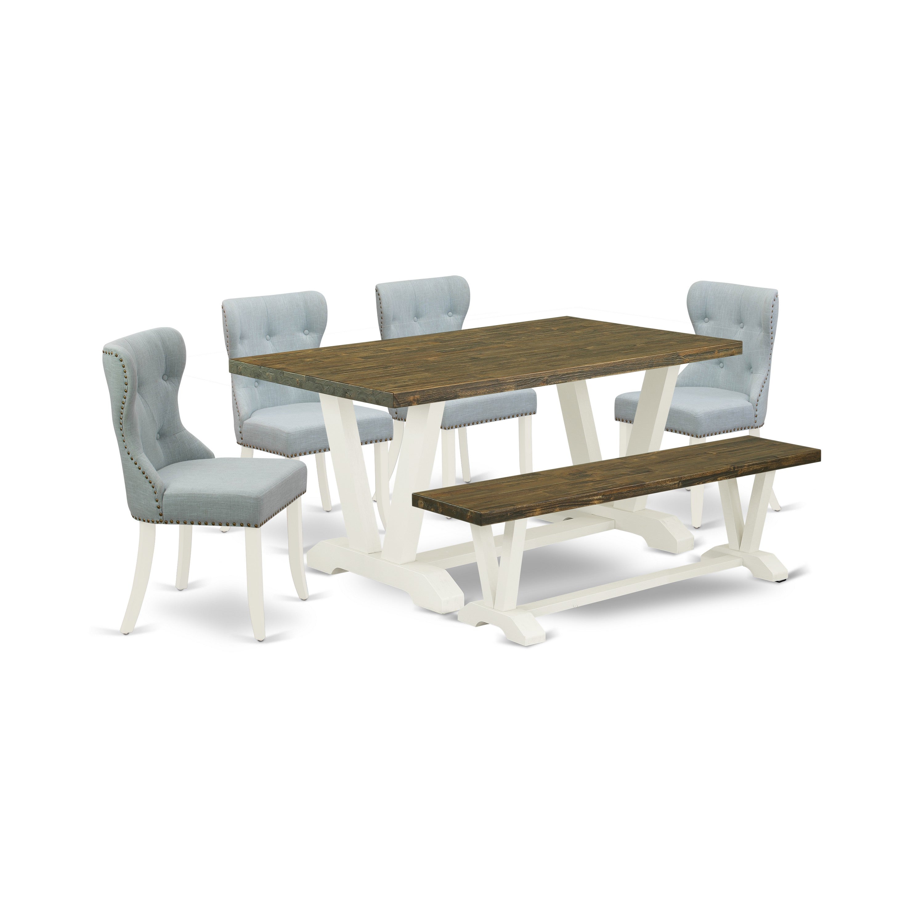 East West Furniture 6-Piece Dining Room Set- 4 Upholstered Dining Chairs with Baby Blue Linen Fabric Seat and Button Tufted Chair Back - Rectangular top & Wooden Legs Dining Table and Indoor Bench - Distressed Jacobean and linen white Finish