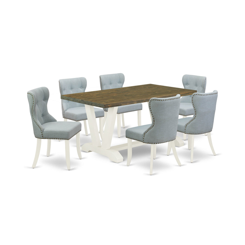 Juego de comedor East West Furniture V076SI215-7 de 7 piezas compuesto por una mesa de comedor rectangular con patas en V y 6 sillas tapizadas en tela de lino azul bebé.