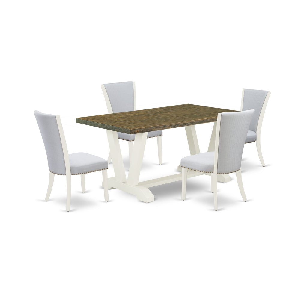 El juego de mesa de comedor de 5 piezas East West Furniture V076VE005-5 incluye una mesa de comedor rectangular con patas en V y 4 sillas Parson tapizadas en tela de lino gris.