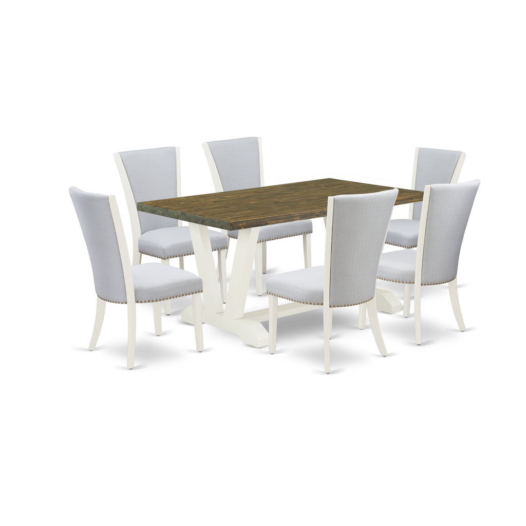 Juego de mesa de comedor de 7 piezas East West Furniture V076VE005-7 compuesto por una mesa de comedor rectangular con patas en V y 6 sillas Parson tapizadas en tela de lino gris.