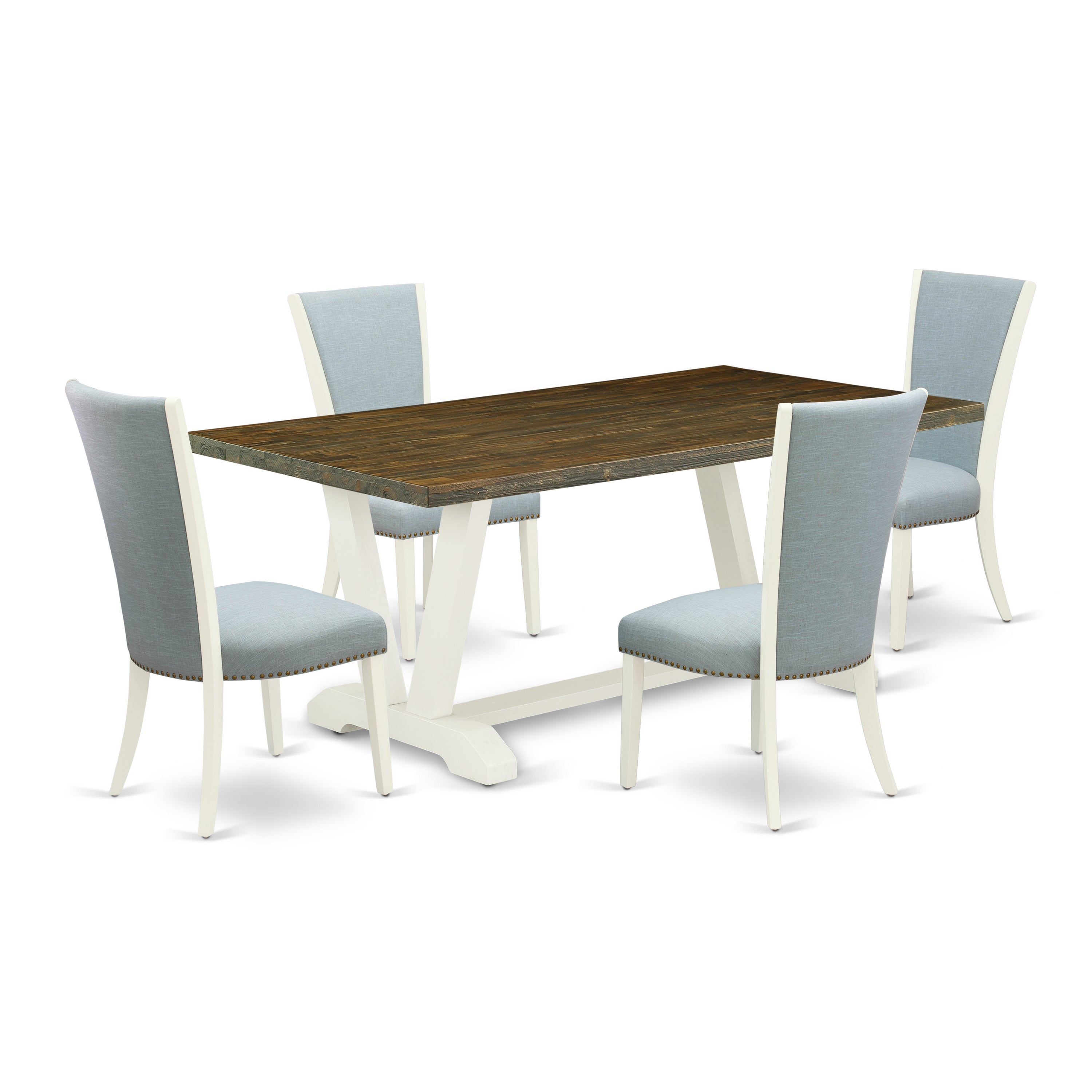 East West Furniture V076VE215-5 5 Piece Mid Century Dining Set - 4 Baby Blue Linen Fabric Kitchen Chair with Nailheads and Distressed Jacobean Wooden Dining Table - linen white Finish