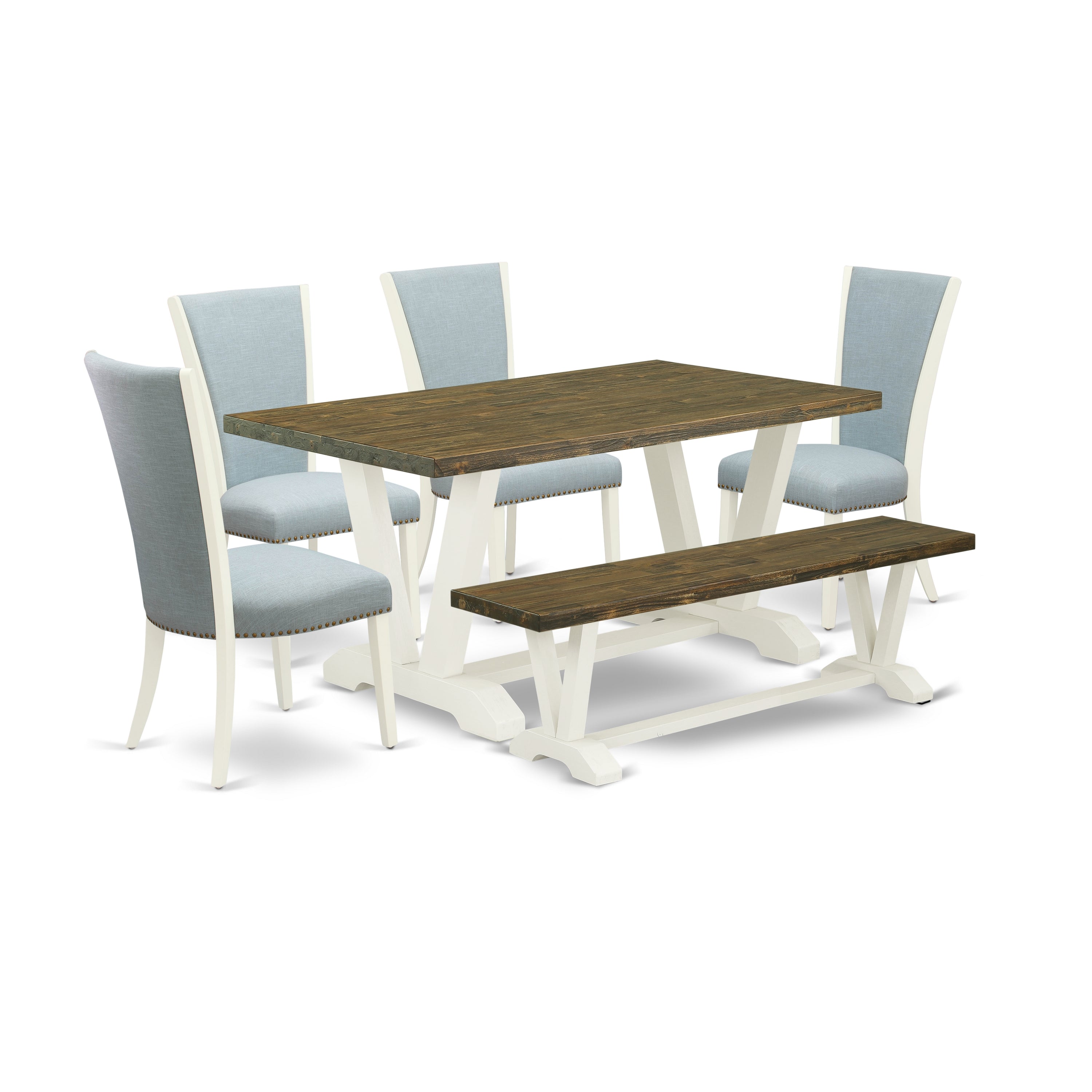 East West Furniture V076VE215-6 6 Piece Dining Set - 4 Baby Blue Linen Fabric Parsons Chair with Nailheads and Distressed Jacobean Rectangular Dining Table - 1 Kitchen Bench - linen white Finish