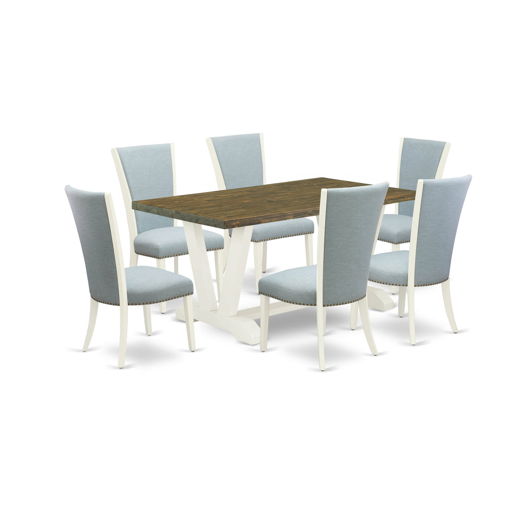Juego de mesa de comedor de 7 piezas East West Furniture V076VE215-7 compuesto por una mesa rectangular con patas en V y 6 sillas tapizadas en tela de lino azul bebé.