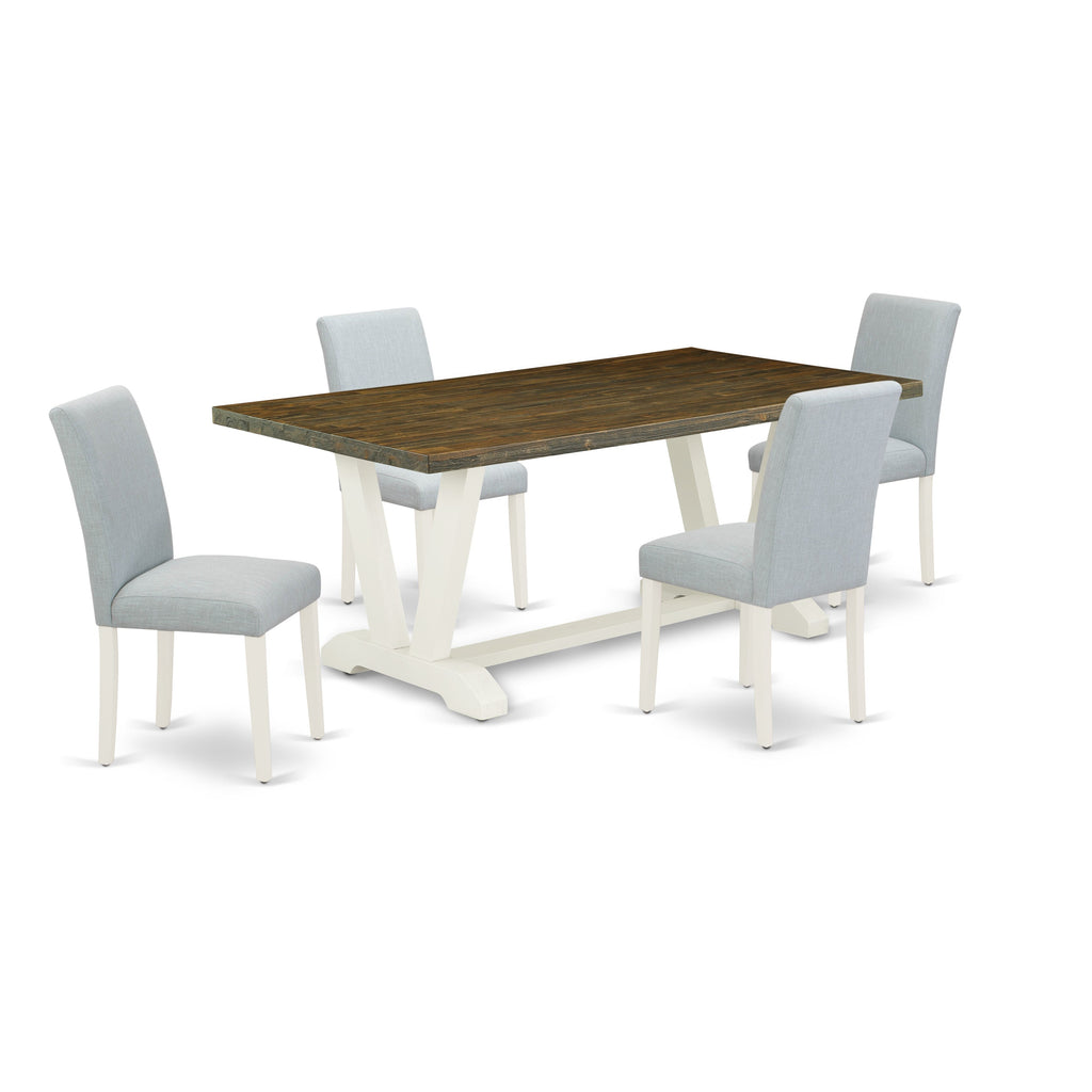 Juego de comedor de 5 piezas East West Furniture V077AB015-5 para 4 personas. Incluye una mesa de comedor rectangular con patas en V y 4 sillas de comedor Parson de tela de lino azul bebé.