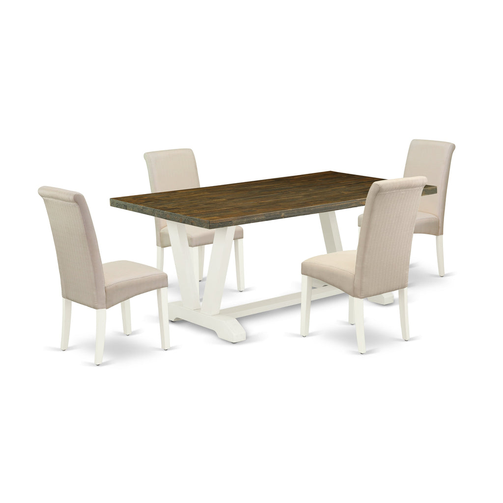 Juego de mesa de cocina de 5 piezas East West Furniture V077BA201-5 para 4 personas. Incluye una mesa de comedor rectangular con patas en V y 4 sillas tapizadas en tela de lino color crema.