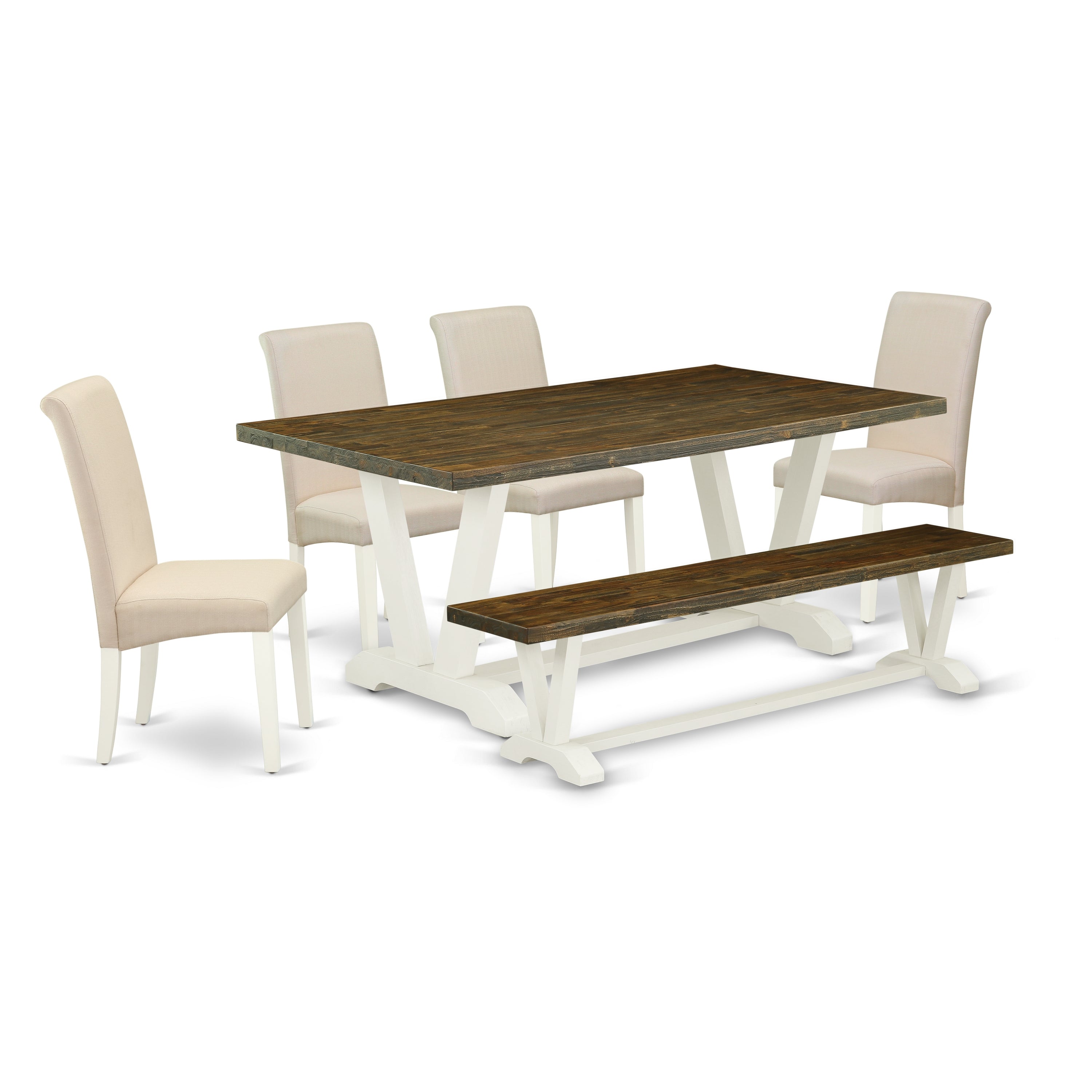East West Furniture V077BA201-6 6-Piece Dining Set with Wood Dining Table and Kitchen Bench - 4 Linen Fabric kitchen chairs - linen white Finish