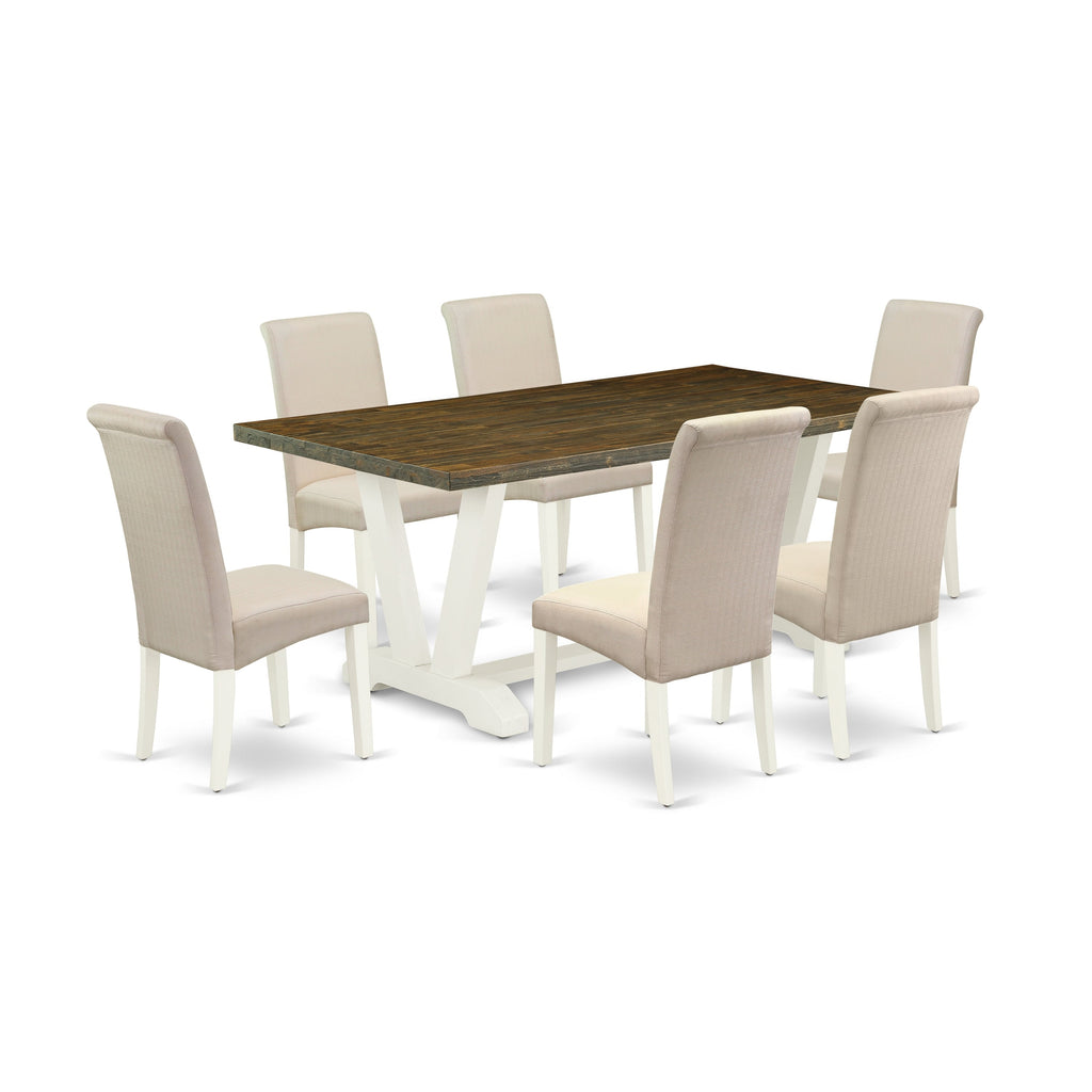 East West Furniture V077BA201-7 7 Piece Dining Room Table Set Consist of a Rectangle Dining Table with V-Legs and 6 Cream Linen Fabric Upholstered Parson Chairs, 40x72 Inch, Multi-Color
