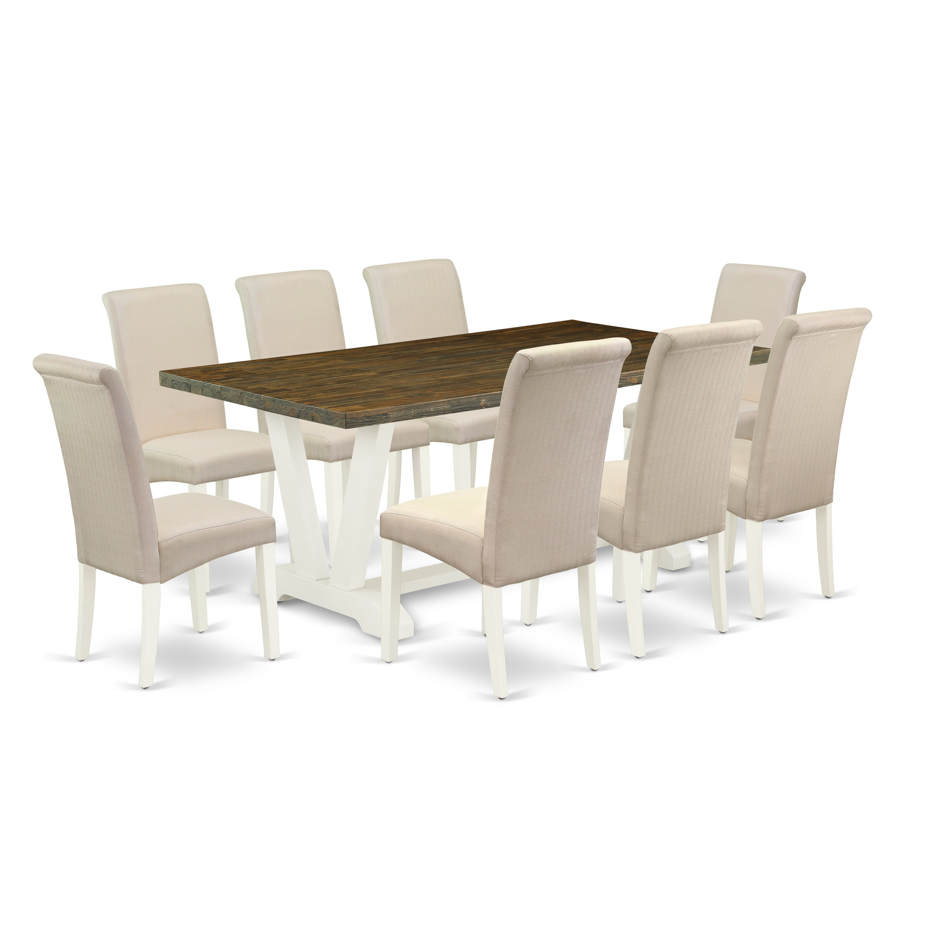 East West Furniture V077BA201-9 9-Piece Dining Room Table Set with Kitchen Rectangular Table and 8 Linen Fabric Padded Chairs (linen white Finish)