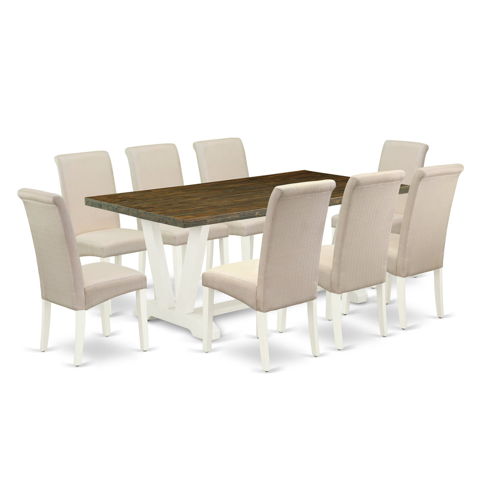 Juego de mesa de comedor de 9 piezas East West Furniture V077BA201-9. Incluye una mesa de cocina rectangular con patas en V y 8 sillas de comedor Parson de tela de lino color crema.