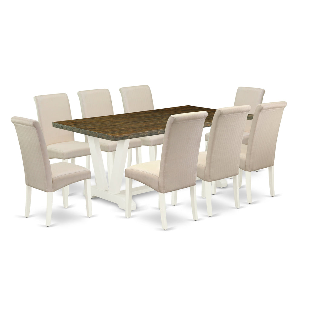 East West Furniture V077BA201-9 9 Piece Dining Room Table Set Includes a Rectangle Kitchen Table with V-Legs and 8 Cream Linen Fabric Parson Dining Chairs, 40x72 Inch, Multi-Color