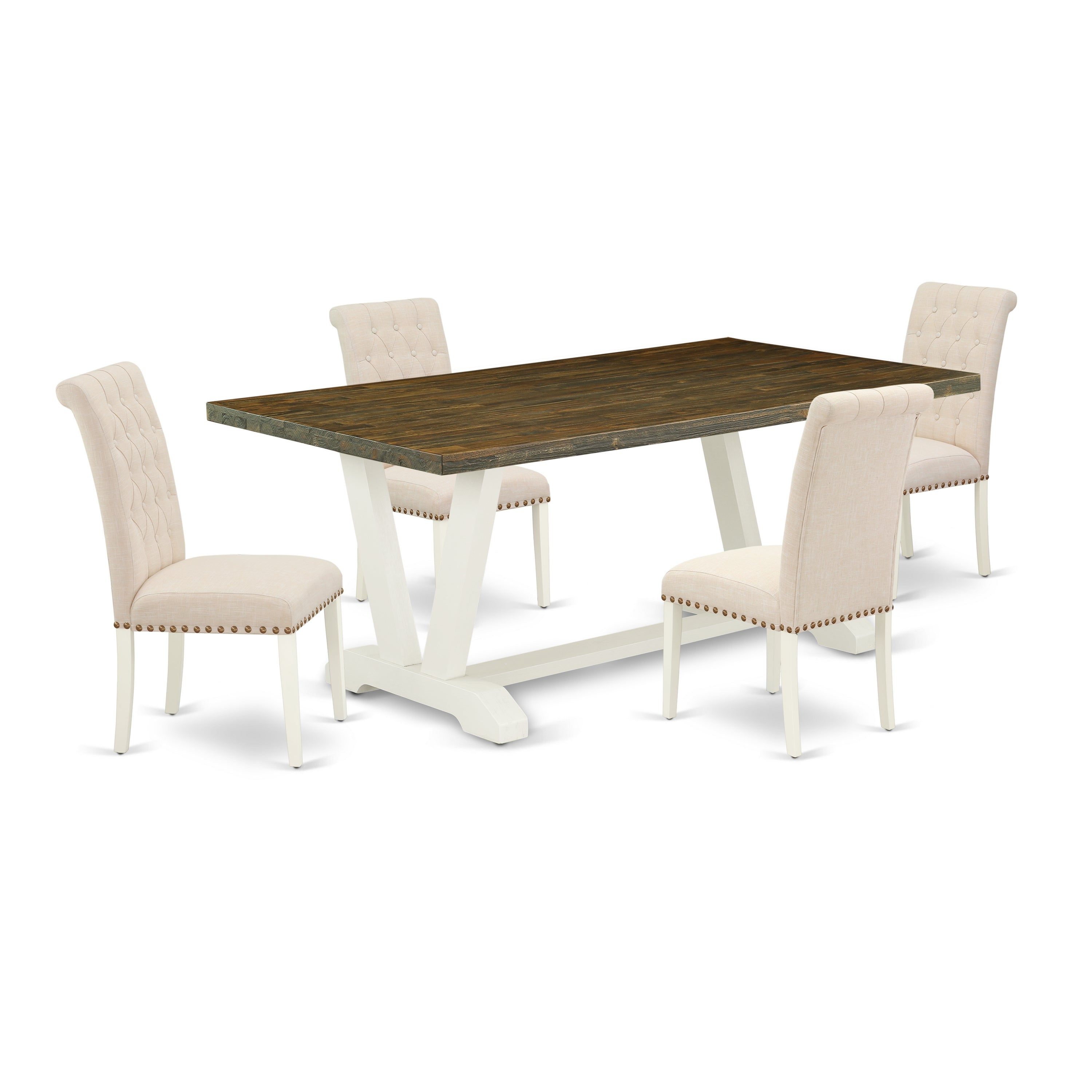 East West Furniture V077BR202-5 Juego de mesa de cocina de 5 piezas para 4 personas. Incluye una mesa de comedor rectangular con patas en V y 4 sillas tapizadas en tela de lino beige claro.