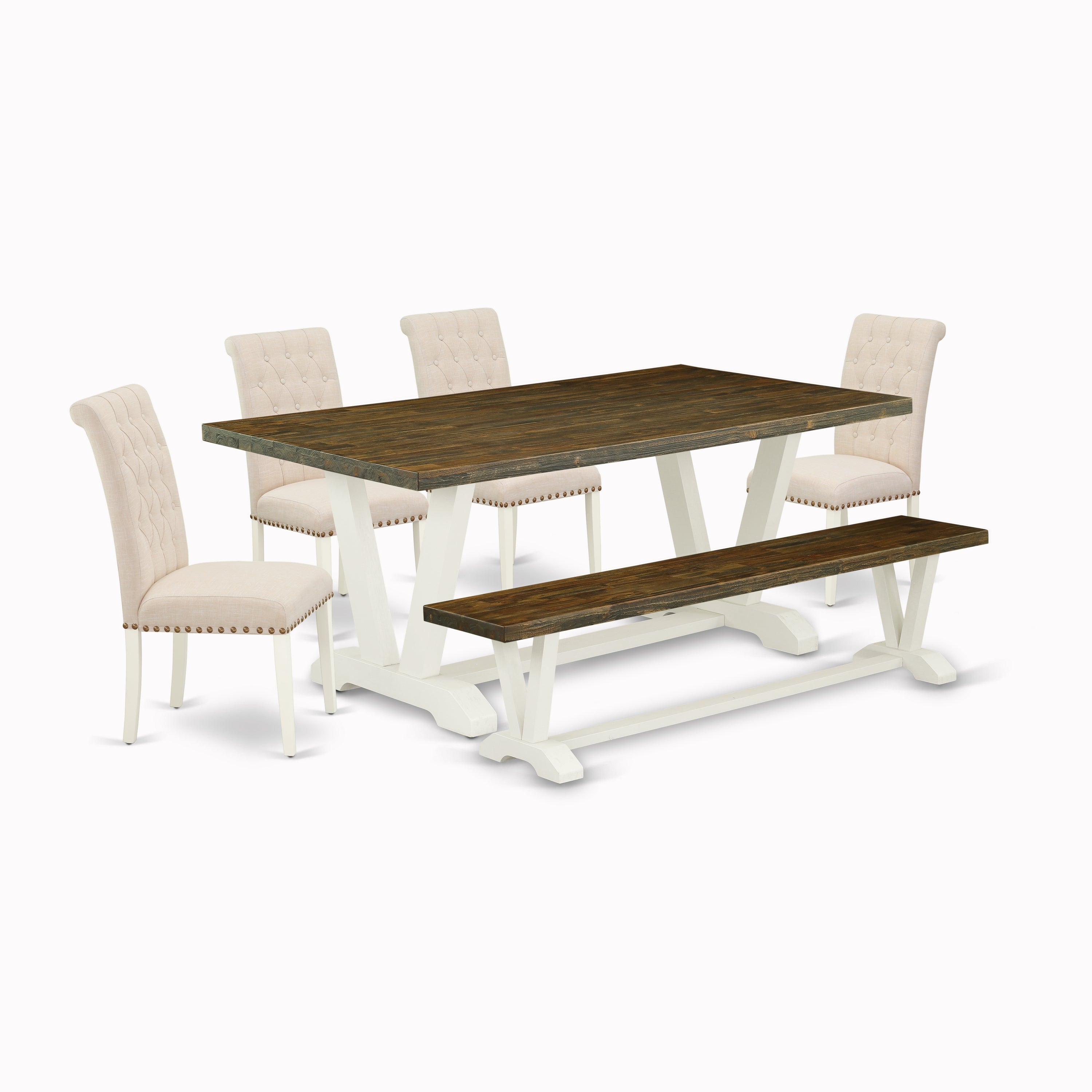 East West Furniture V077BR202-6 6-Piece Dining Set with Wood Dining Table and Wood Bench - 4 Linen Fabric Parson Chairs (linen white Finish)